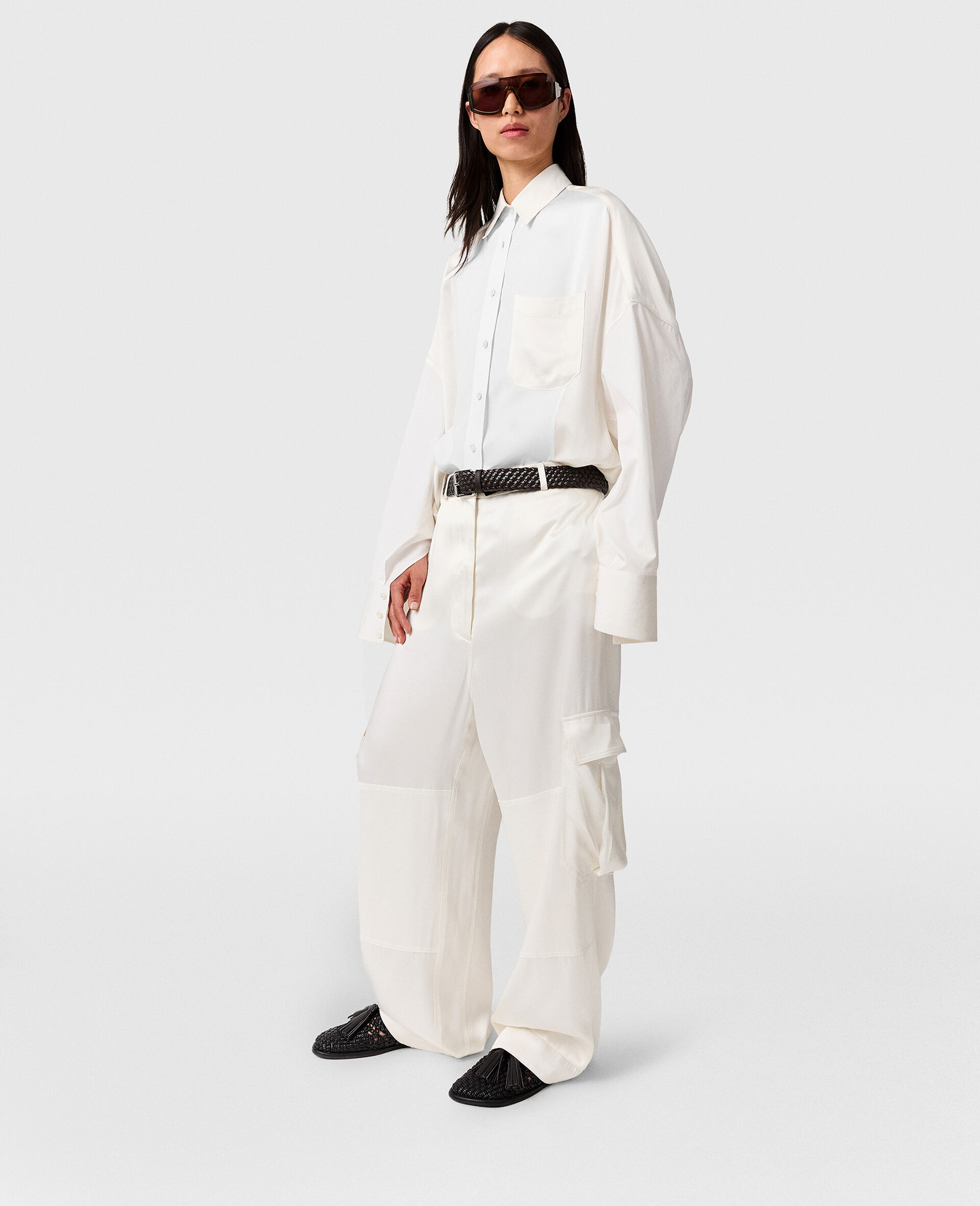Satin Panelled Slouchy Cargo Trousers-White-model