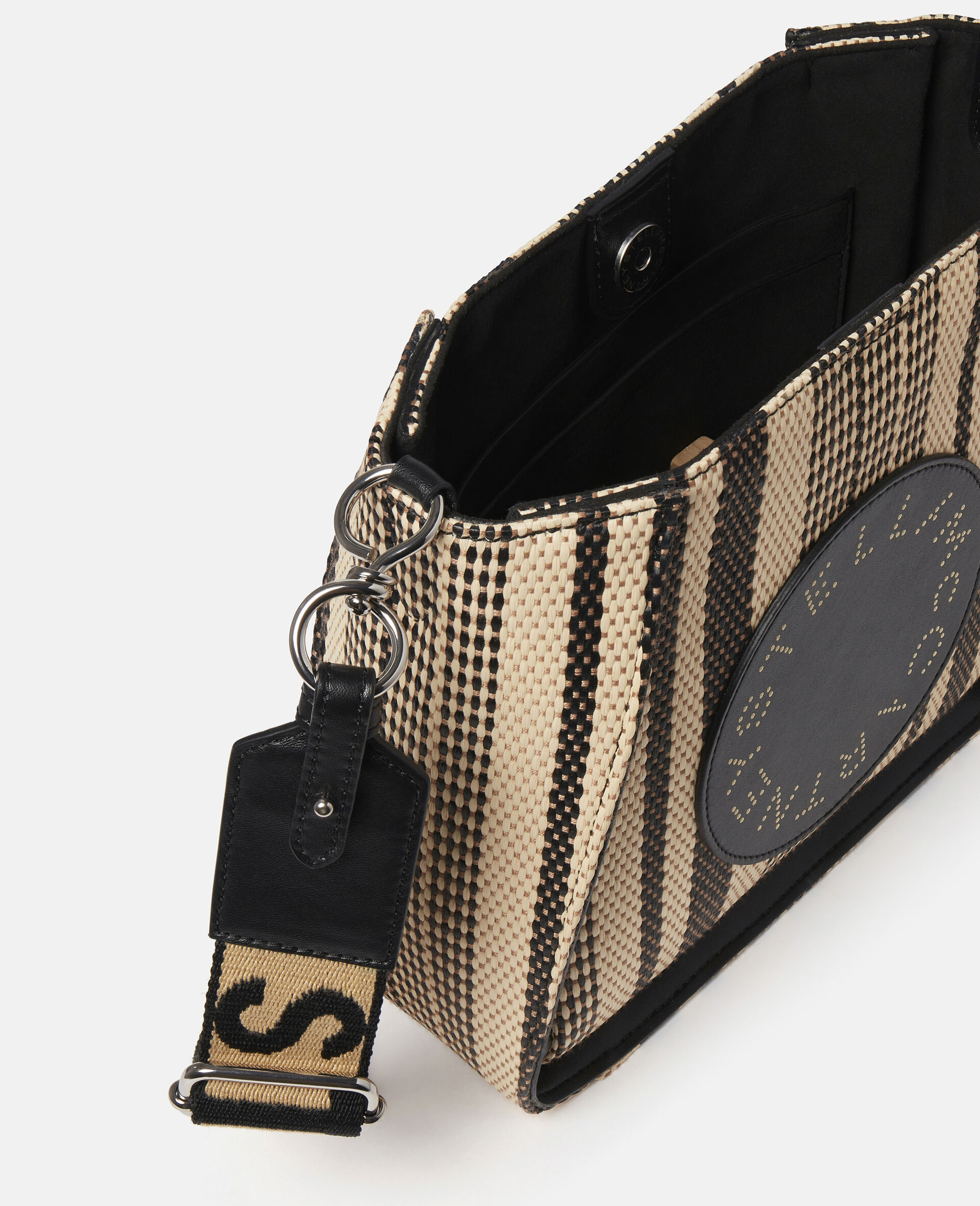 Stella Logo Striped Raffia Shoulder Bag-Black-large image number 3