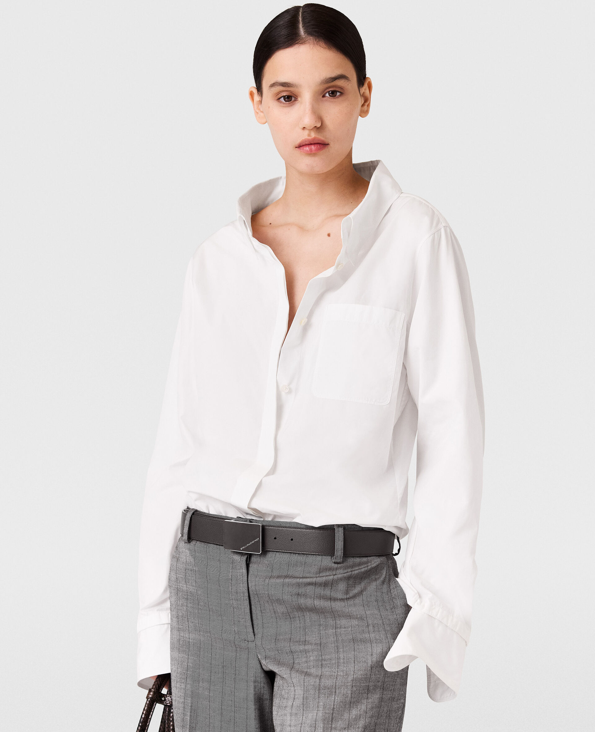 Open V-Neck Collared Shirt -White-model
