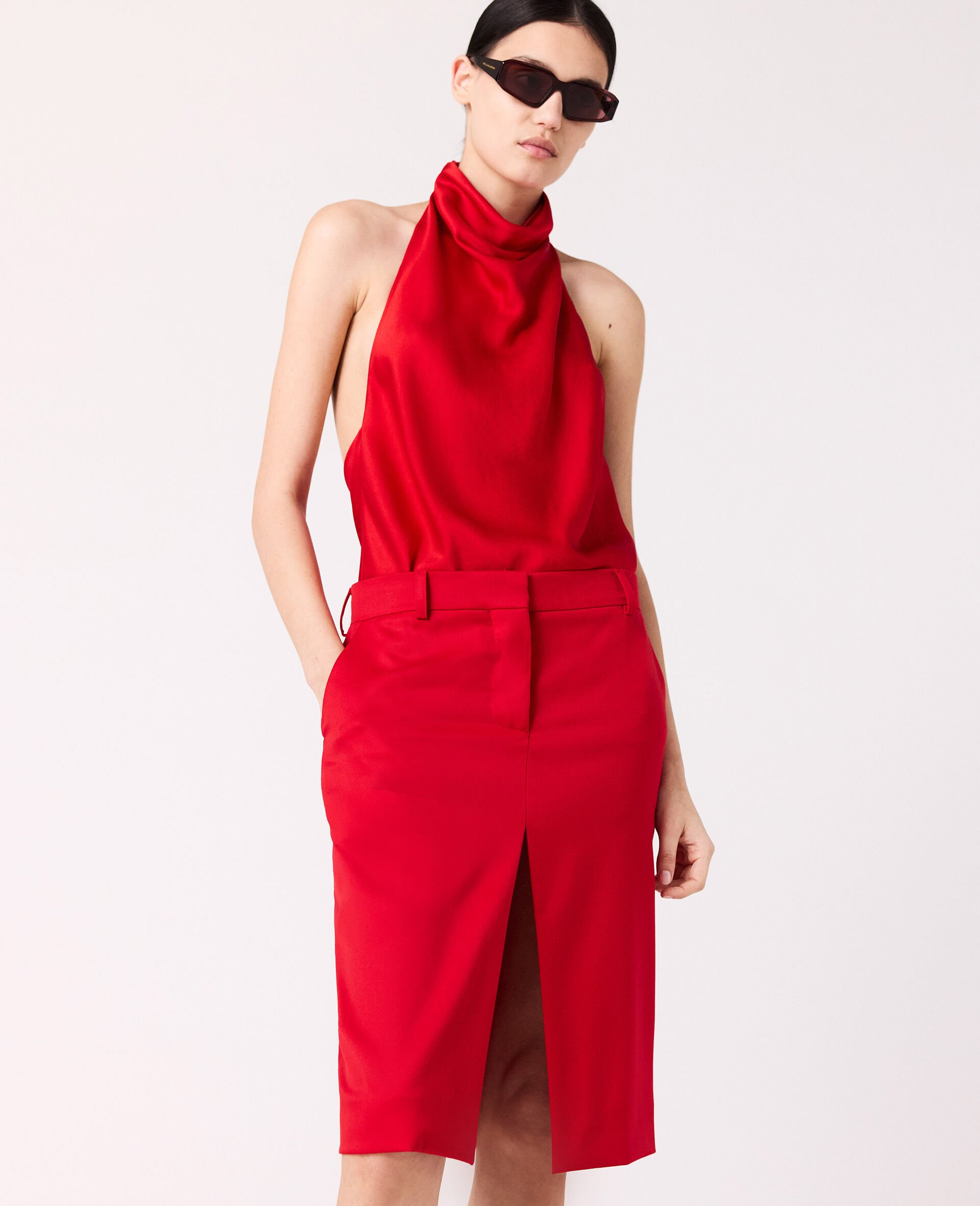 Lace-Trimmed Satin Midi Skirt-Red-model