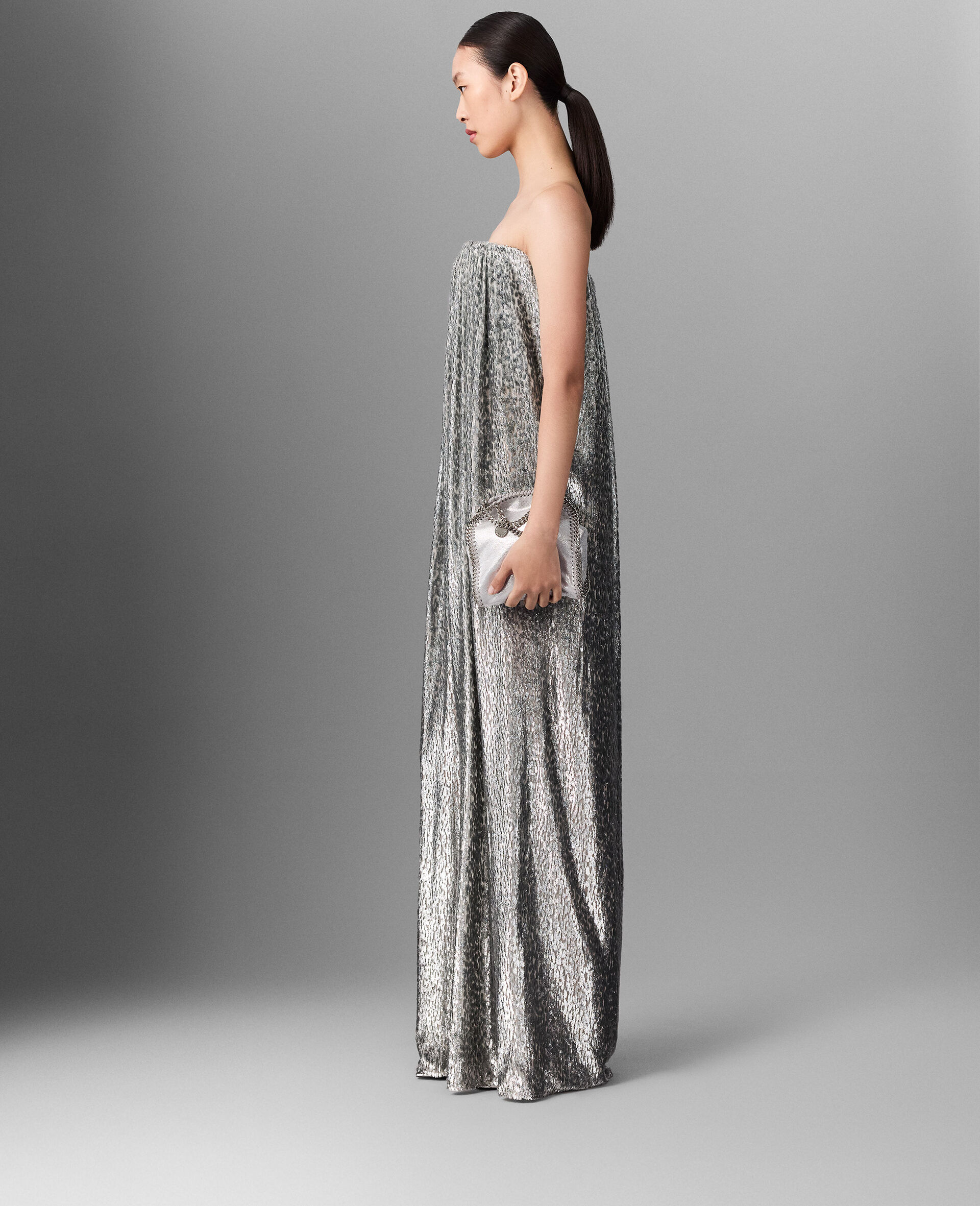 金属质感天鹅绒褶裥连衣裙-Silver-large image number 2