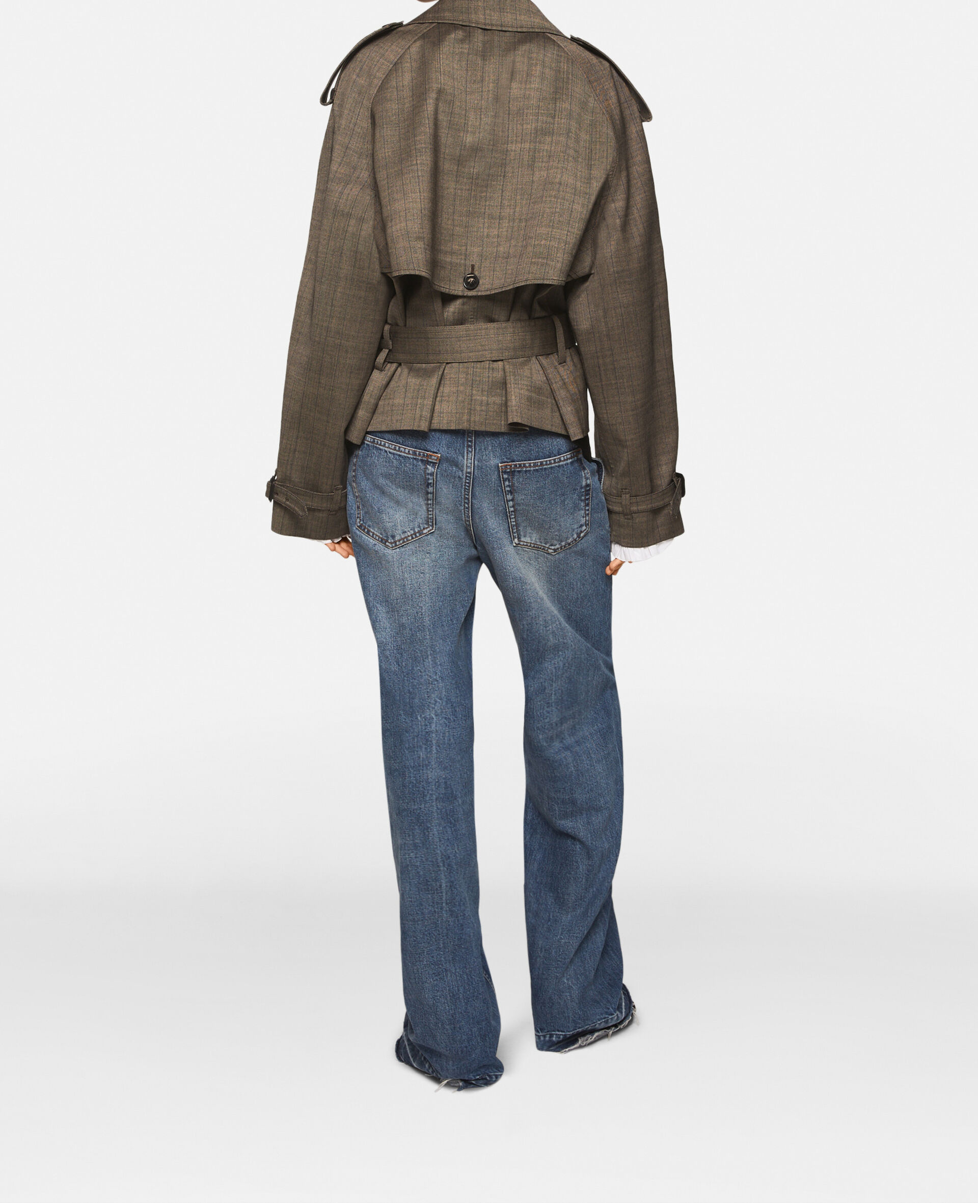 Cropped Pinstripe Wool Trench Jacket -Grey-large image number 3