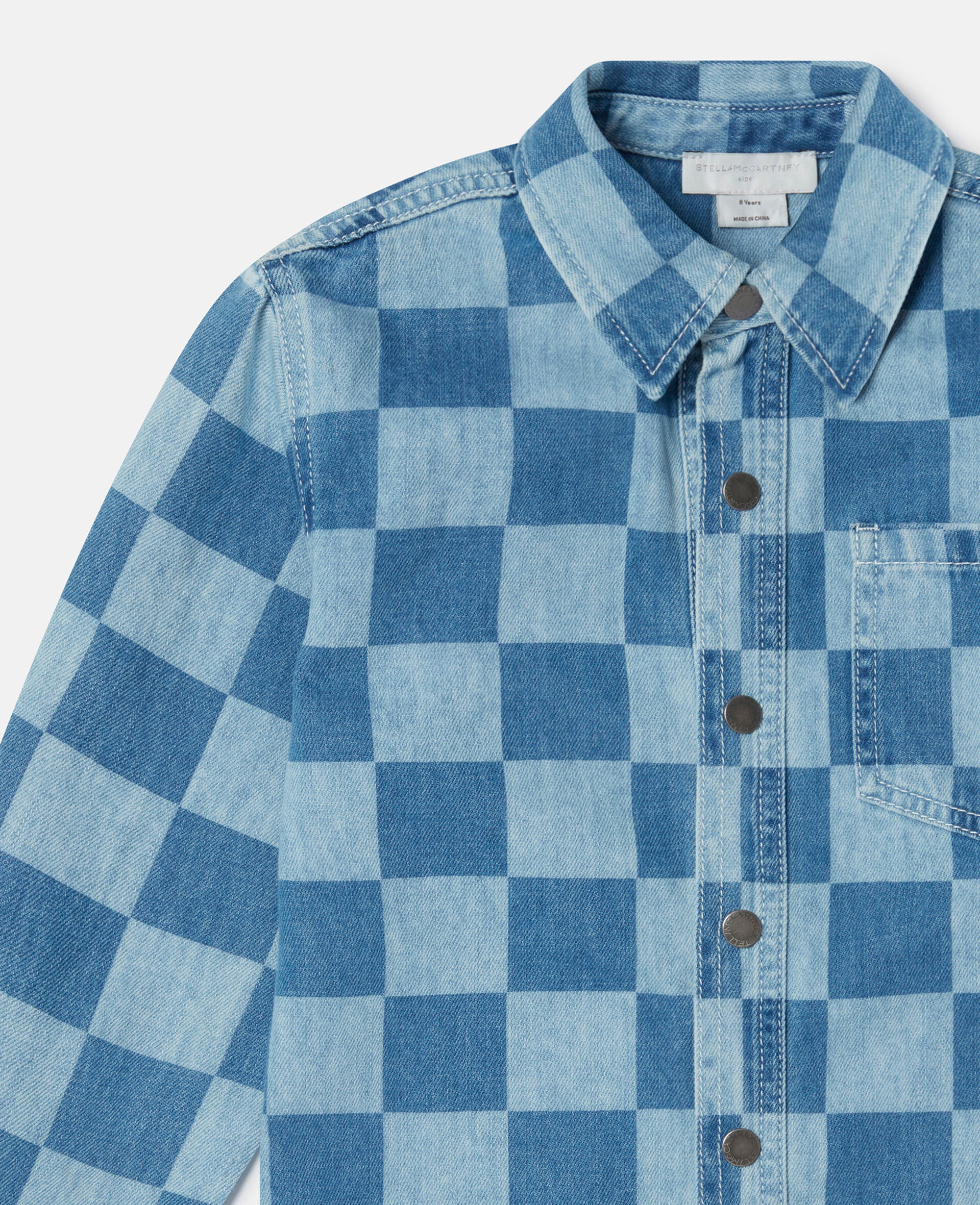 Checkerboard Print Denim Shirt-Blue-large Checkerboard Print Denim Shirt-Blue-large image number 1