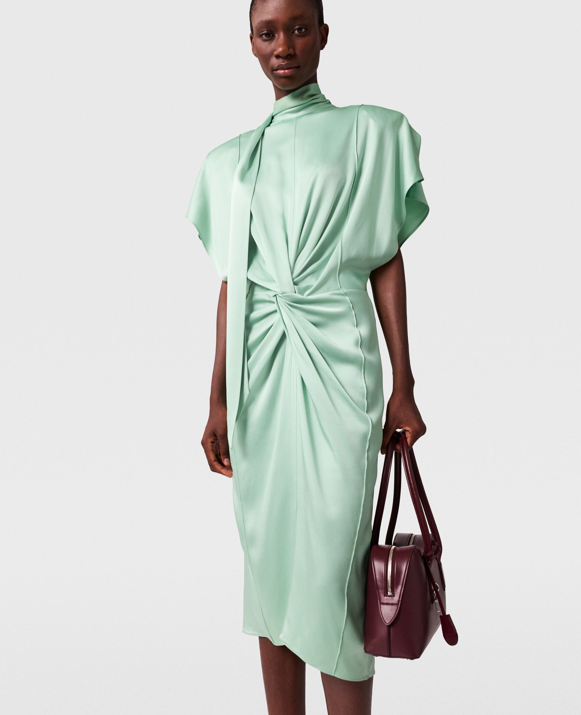 Cap-Sleeve Halterneck Twist Midi Dress-Green-model
