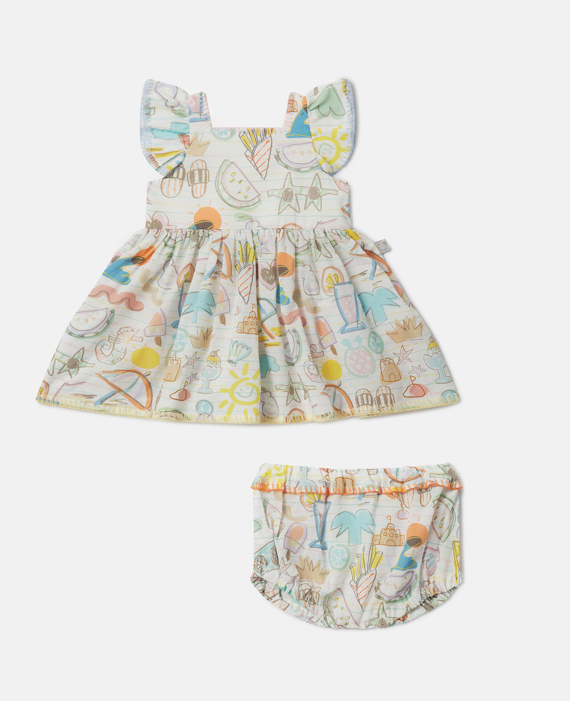 Summer Doodles Print Dress and Bloomers Set-Multicolour-large image number 0