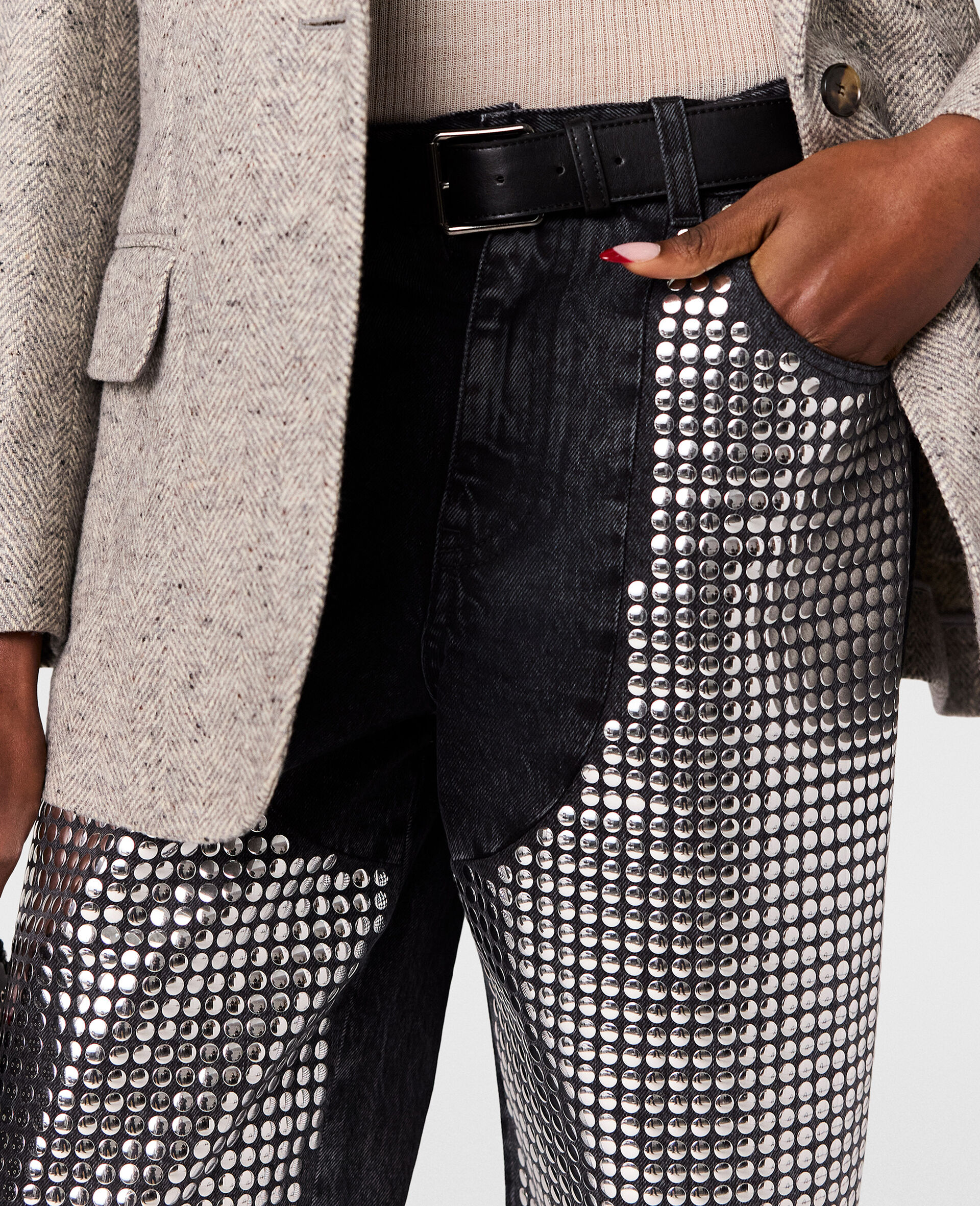 Mirror-Embellished Denim Chap Jeans-Grey-large image number 3