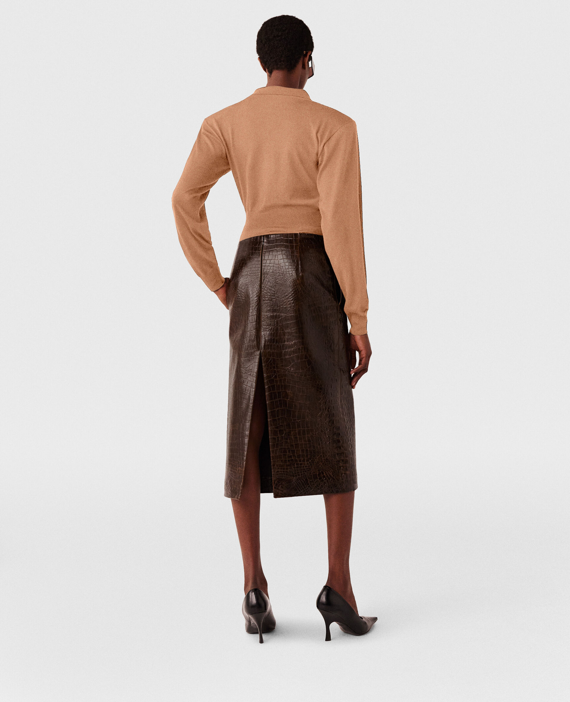 Crocodile Embossed Midi Skirt-Brown-large image number 4