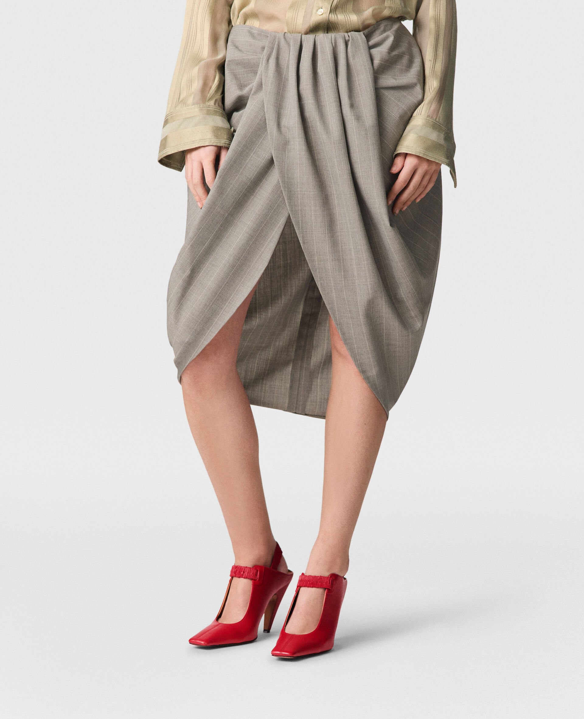 Ruched Wrapped Pinstripe Midi Skirt-Grey-large image number 3