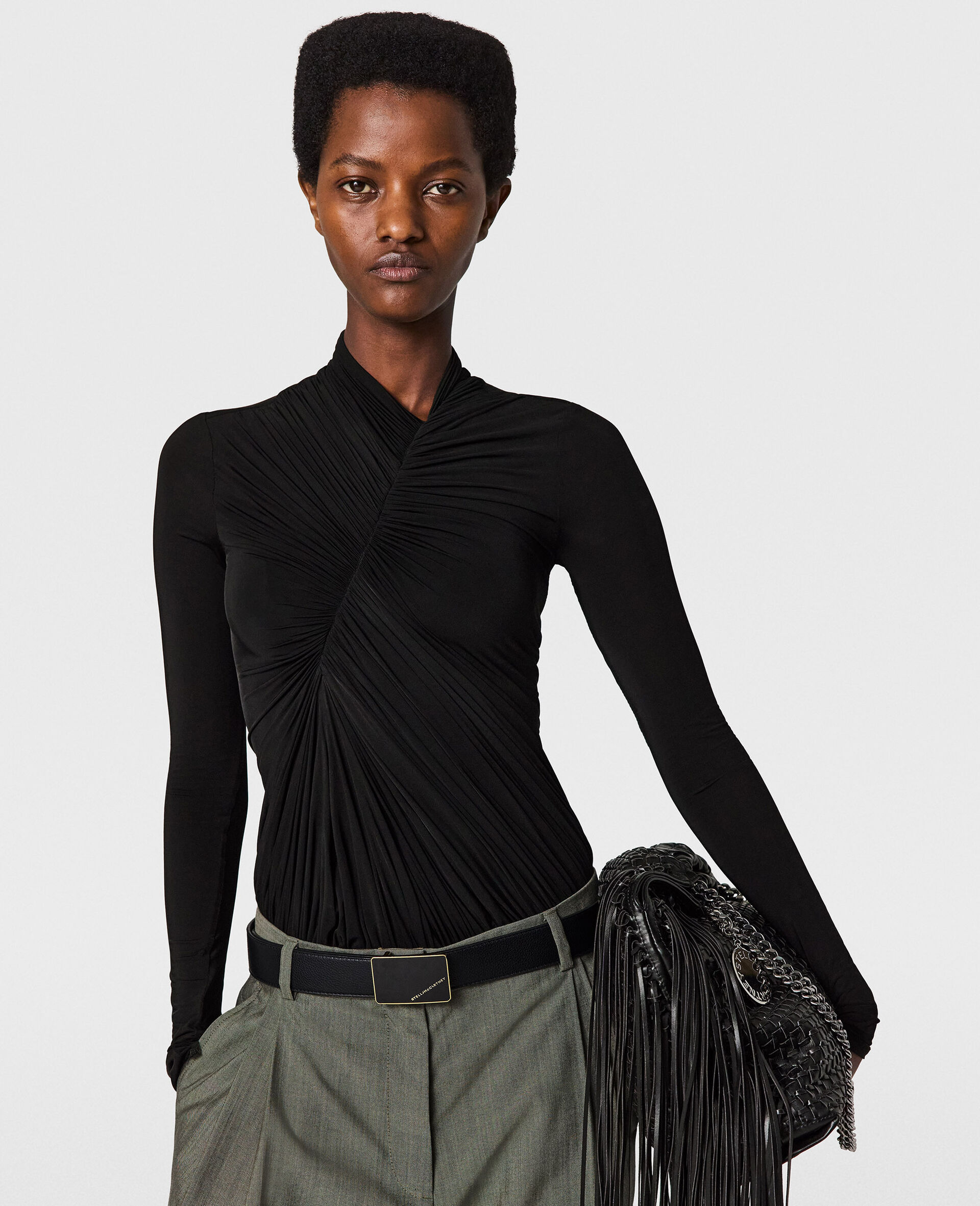 Crepe Jersey Draped Bodysuit-Black-large image number 1