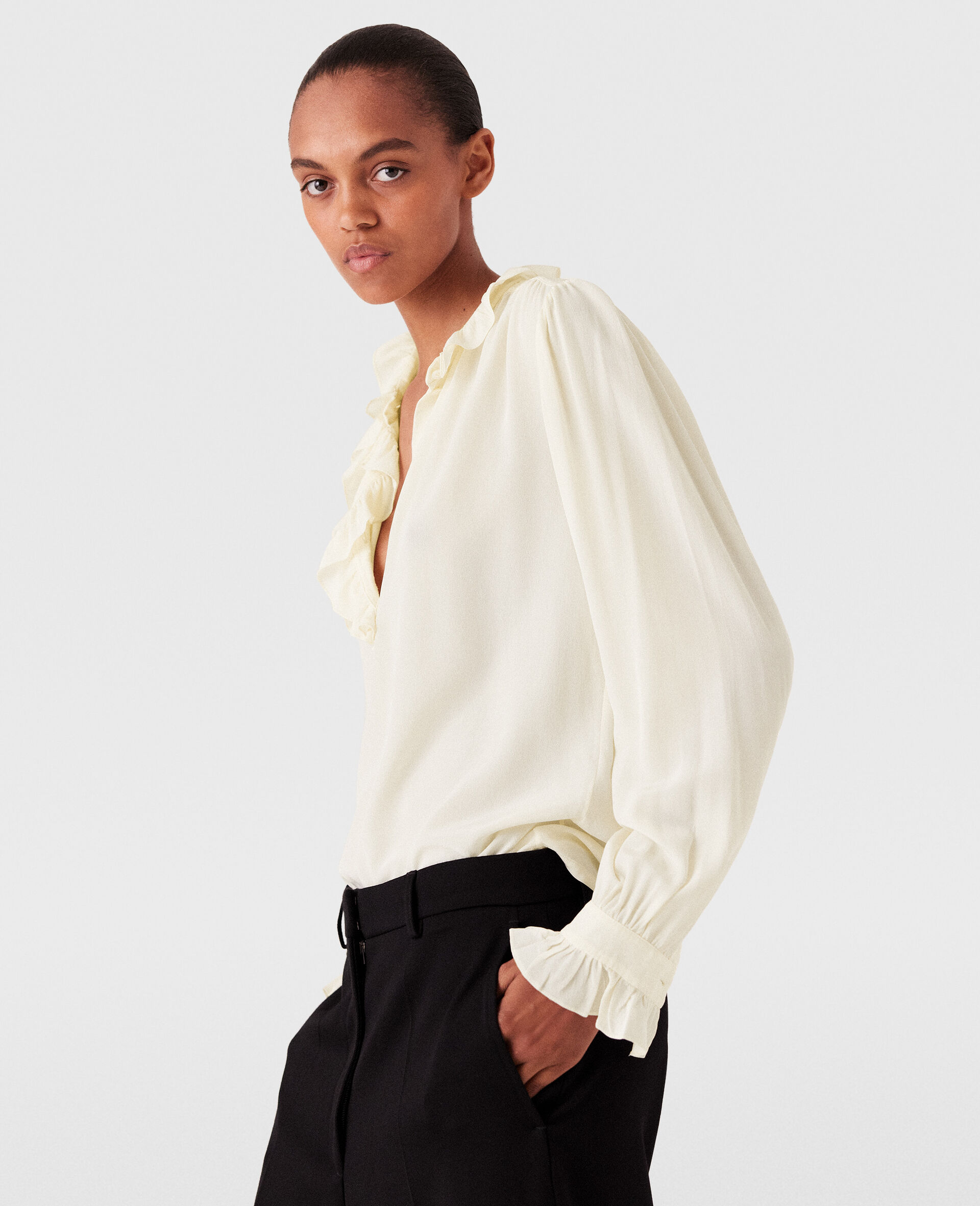 Silk Crêpe de Chine Ruffled Shirt-Cream-large image number 2