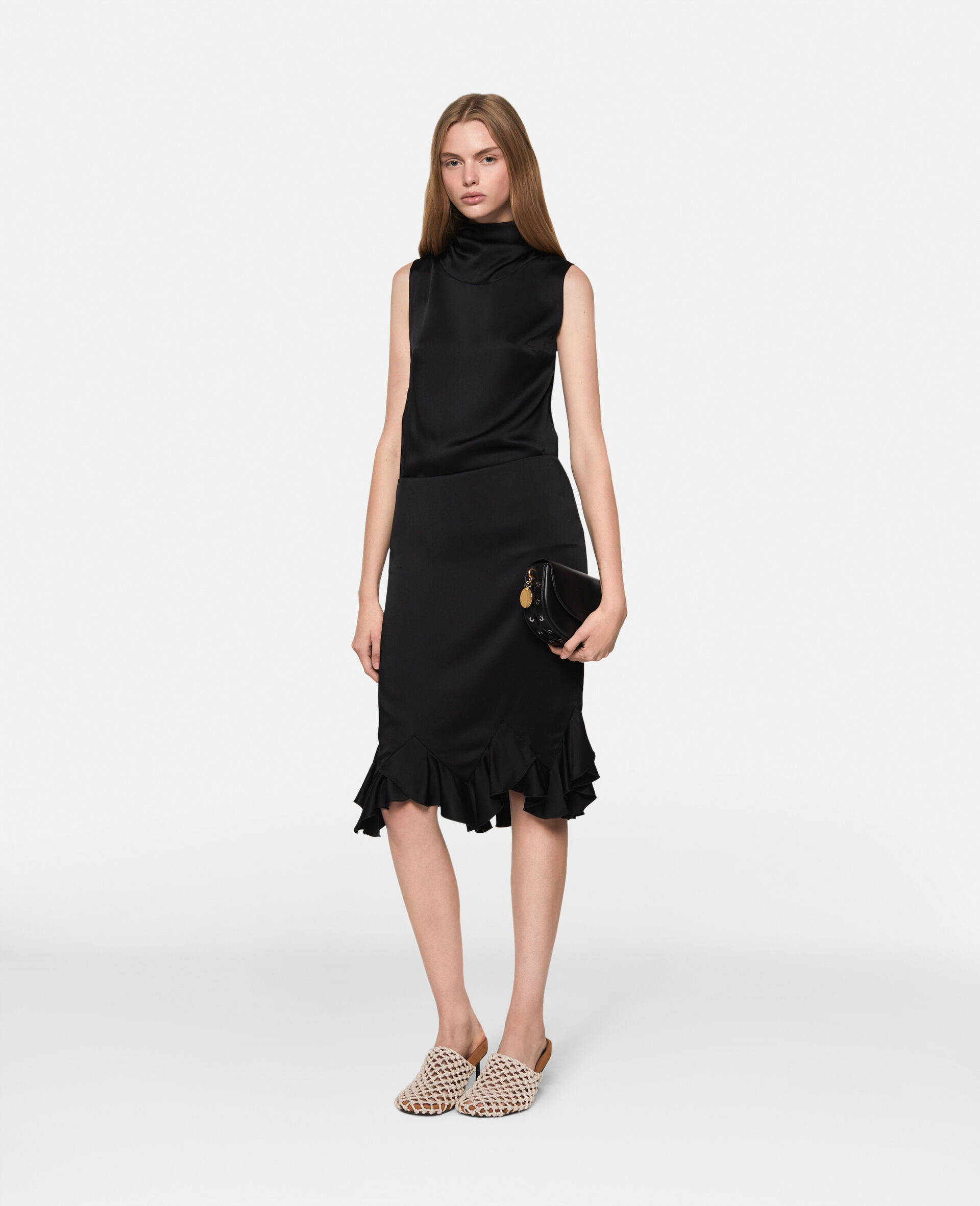 Ruffled-Hem Satin Midi Skirt-Black-model