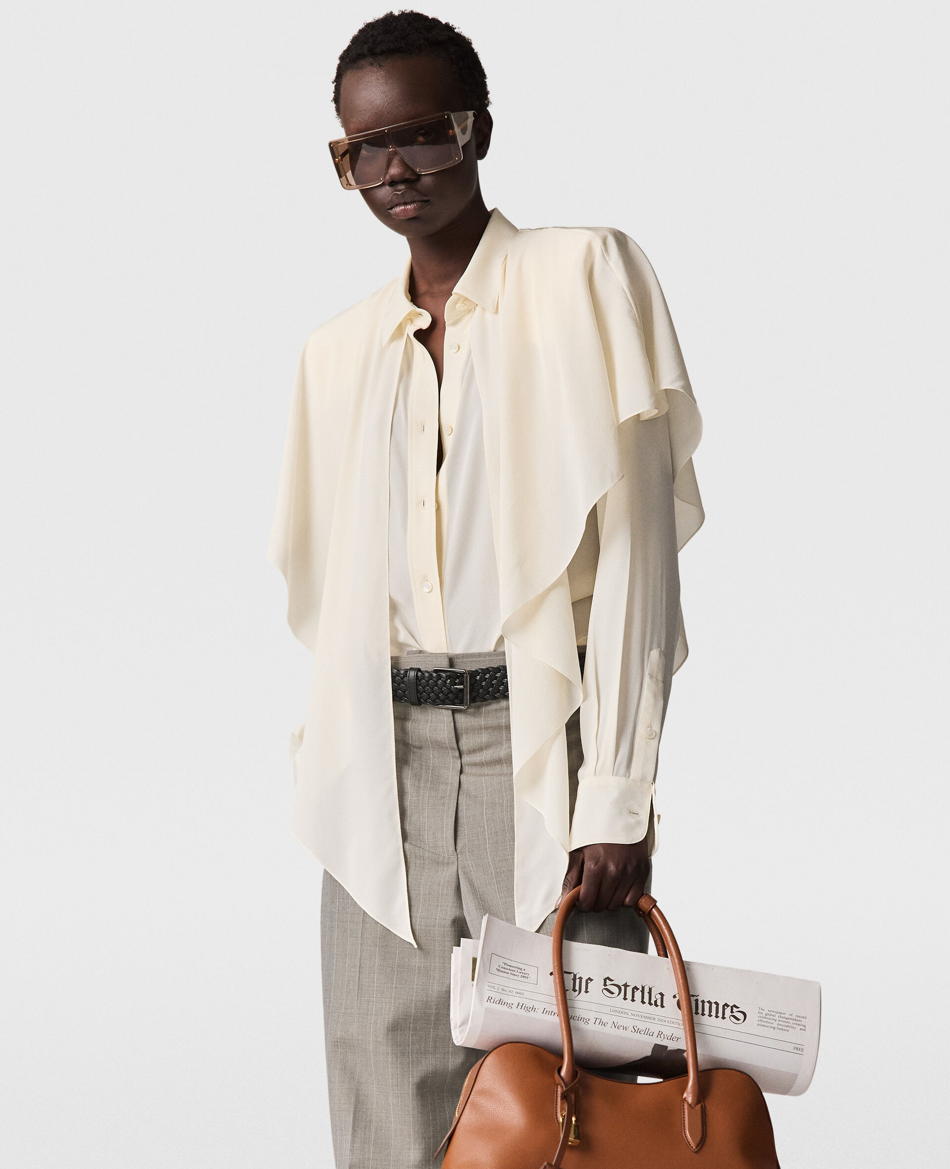 Layered Panel Long Sleeve Semi-Sheer Shirt-Cream-model