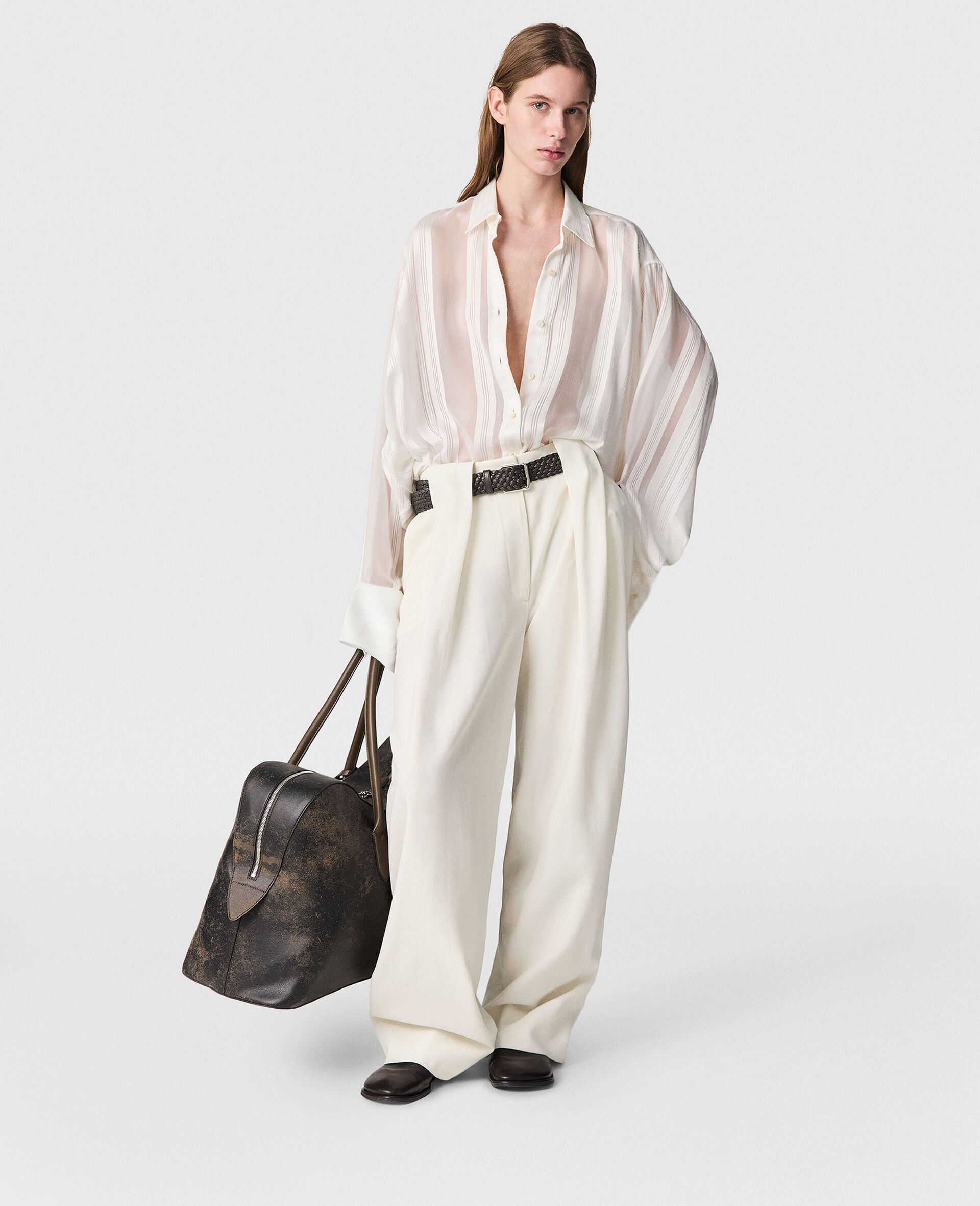 Oversized Sheer Striped Paneled Shirt-White-large image number 5