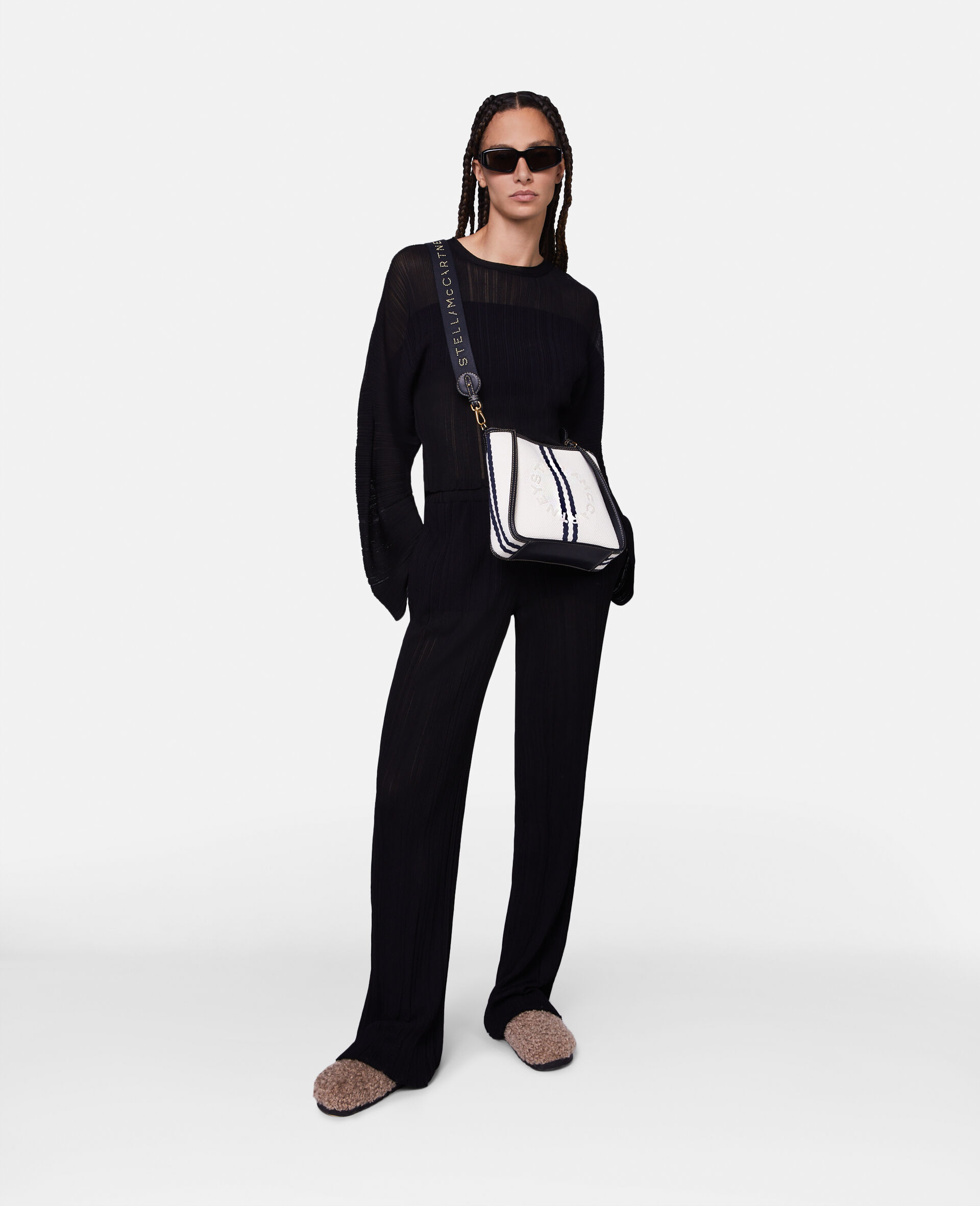 Banana Sleeve Plisse Pleat Knit Top-Black-large image number 1