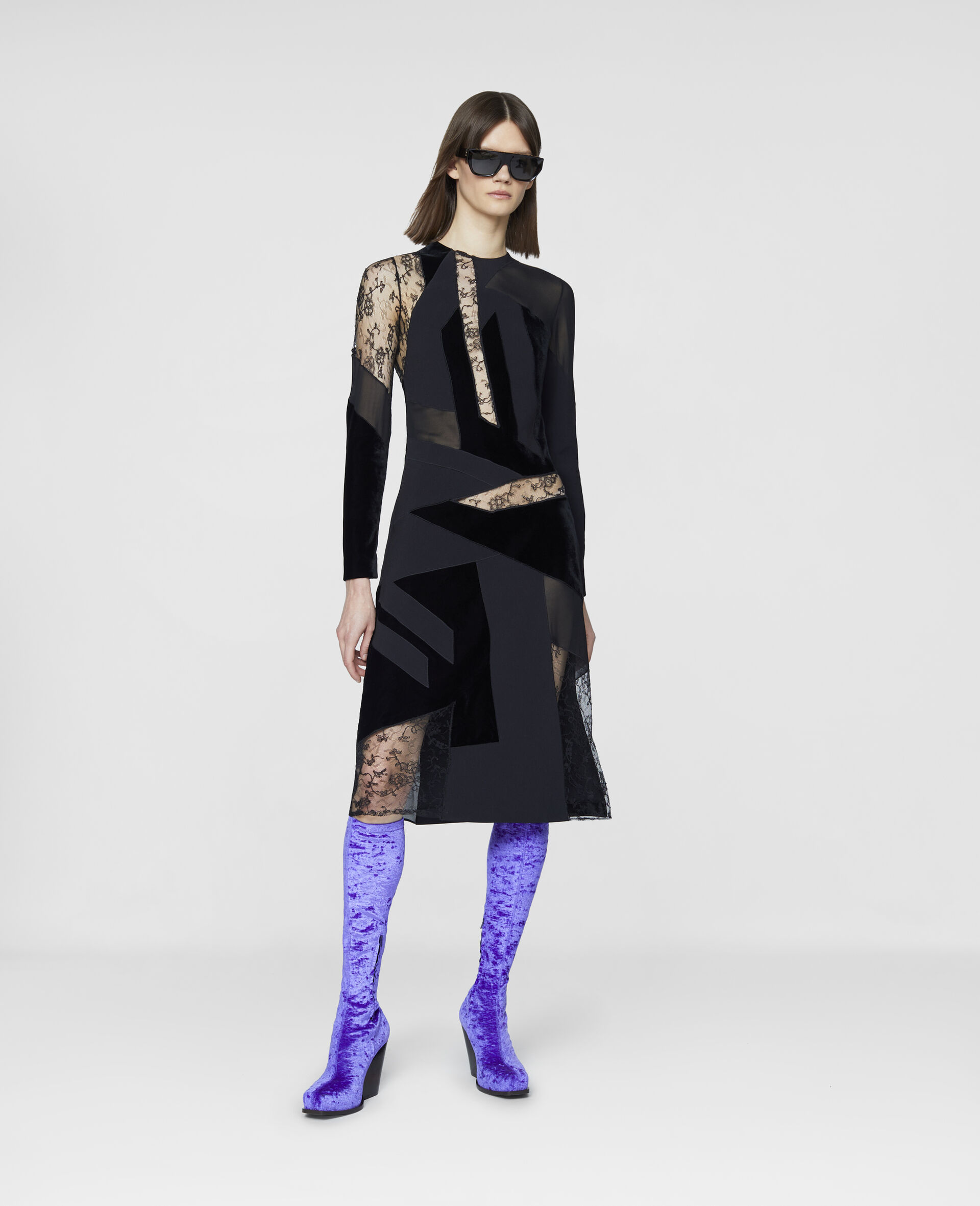 Silk Lace Patchwork Midi Dress-Black-large image number 1