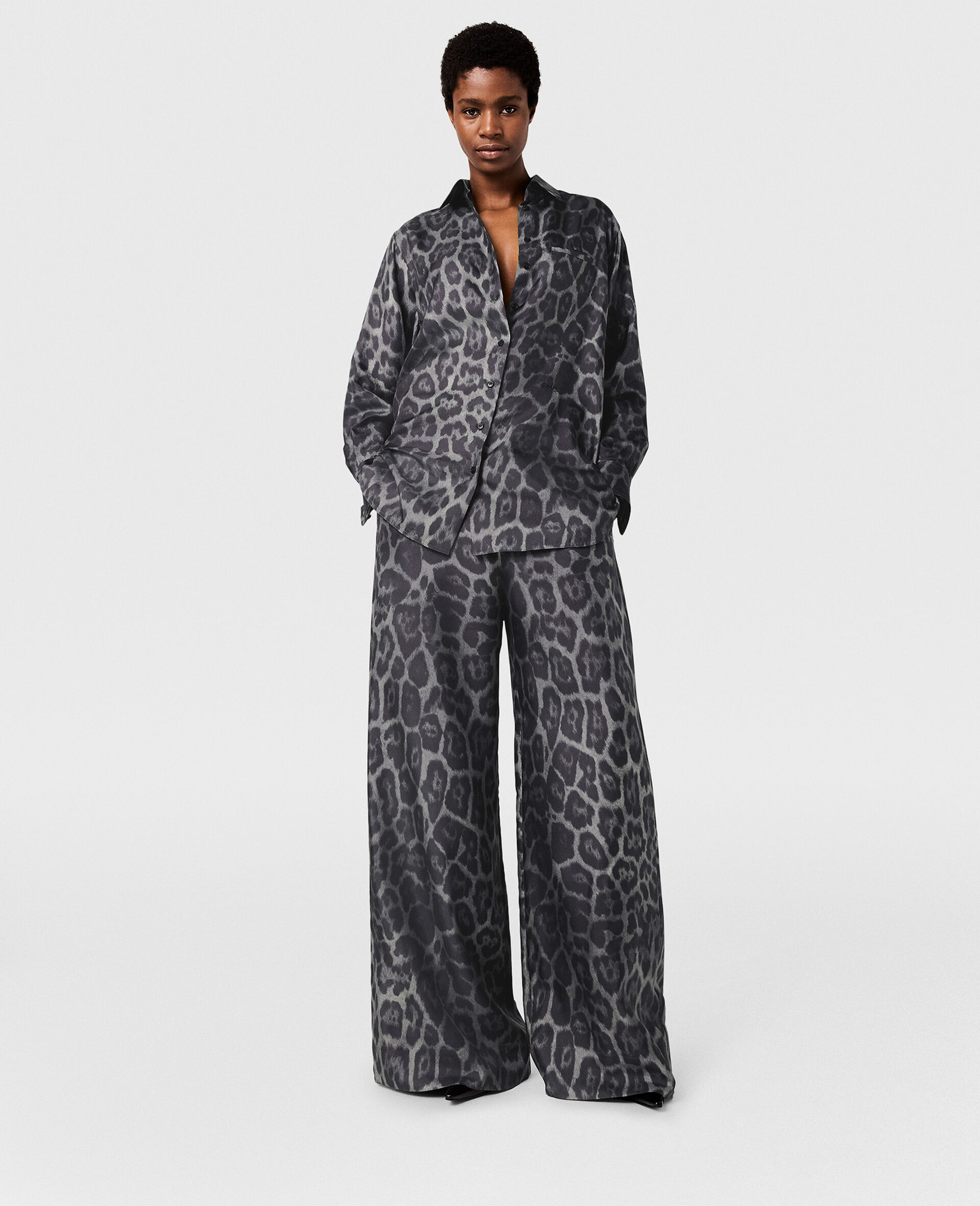 Oversized Drawstring Leopard Print Trousers-Grey-model