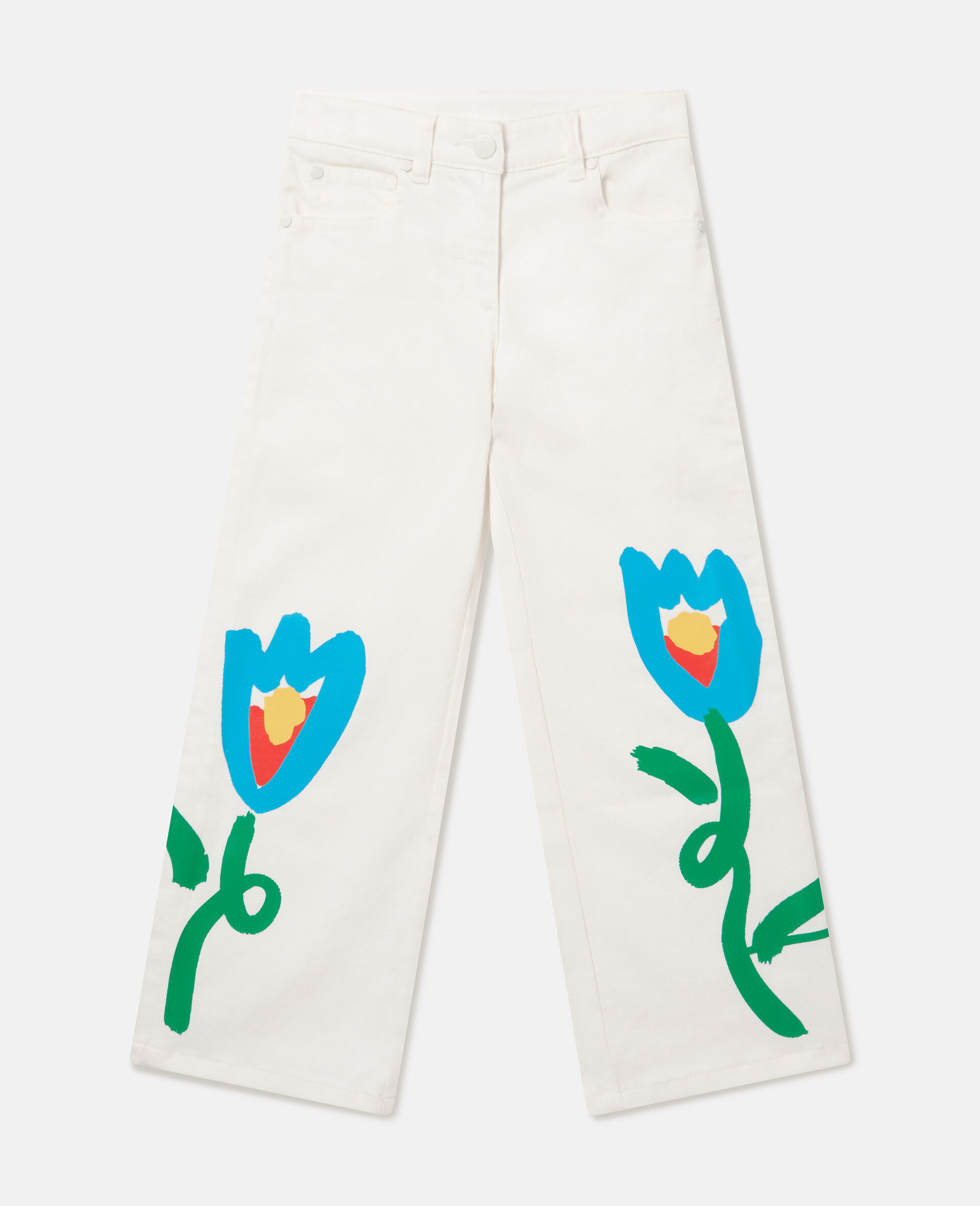 Pantaloni in Gabardine a Fiori-Bianco-medium