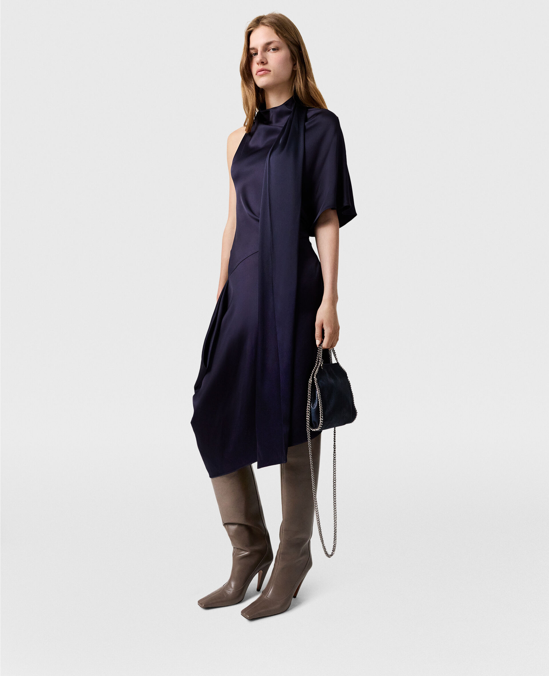 Asymmetric Tie-Neck Midi Dress-Blue-large image number 2