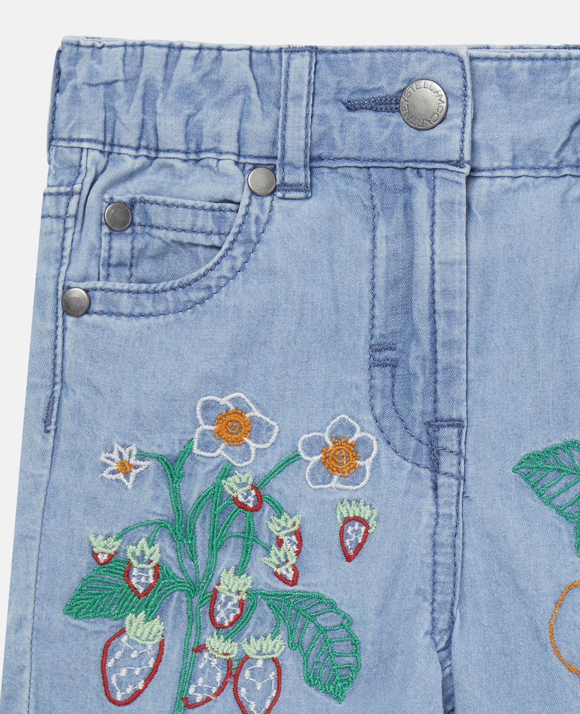 Chambray Flower Embroidered Shorts-Blue-large image number 1