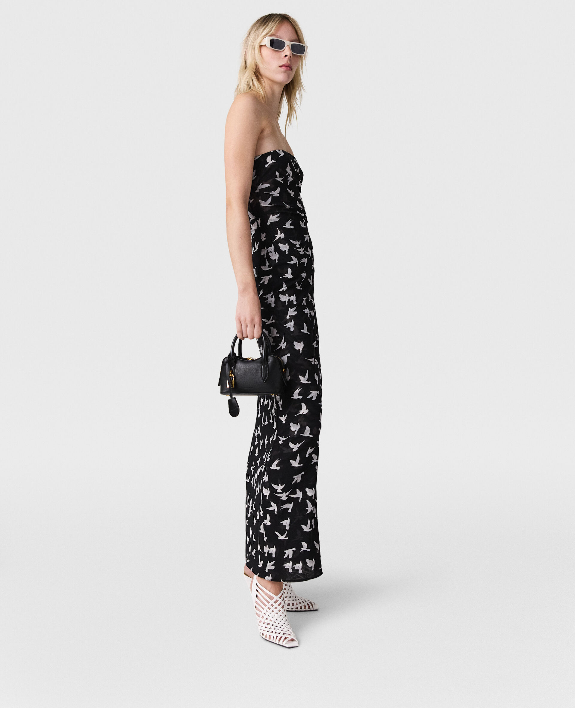 Dove Print Mesh Strapless Midi Dress-Black-large image number 2