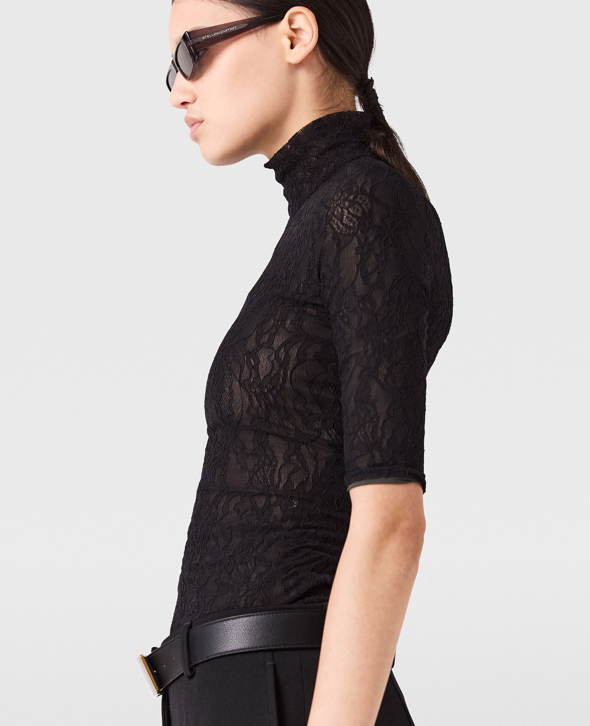 Turtleneck Lace 3/4 Sleeve Top-Black-large image number 2