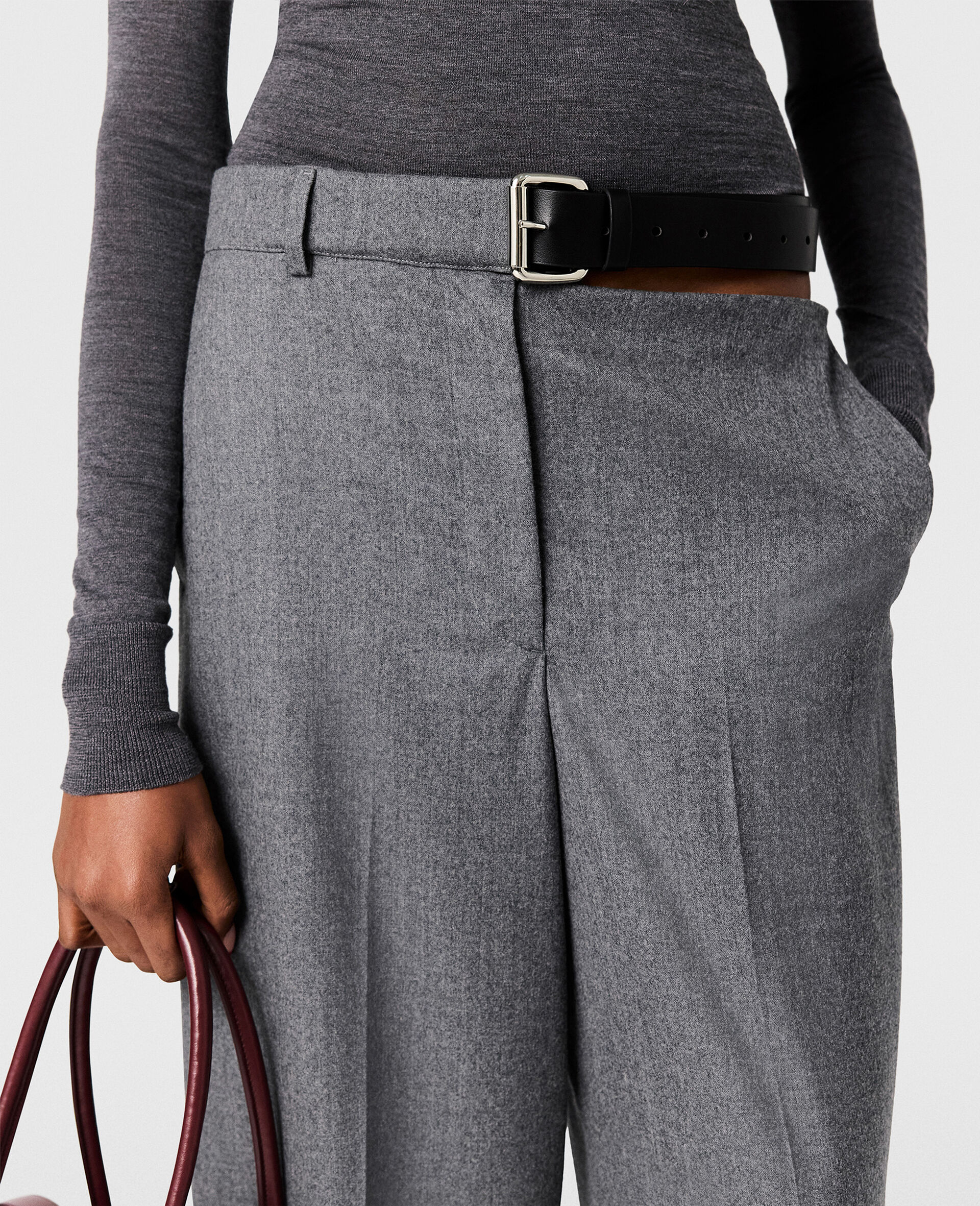 Belted Flannel Straight-Leg Pants-Grey-large image number 3