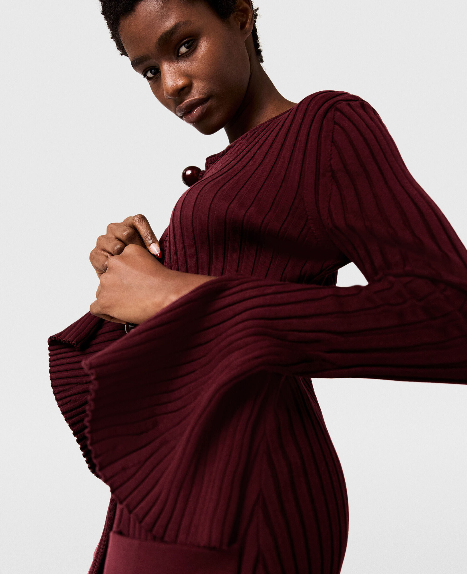 Ribbed Long Sleeved Cardigan-Red-large image number 3