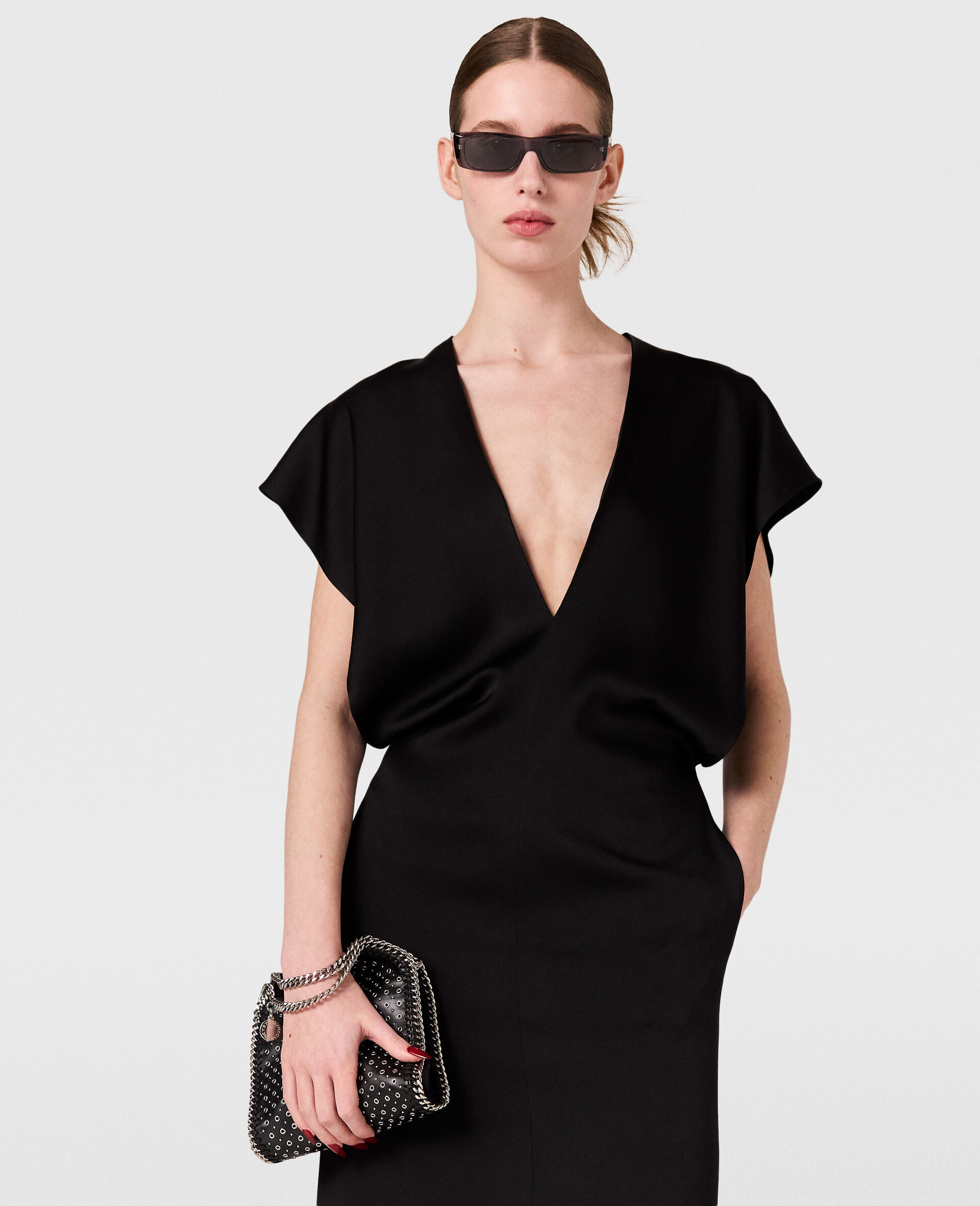 Deep V Cap Sleeved Midi Dress-Black-large image number 6