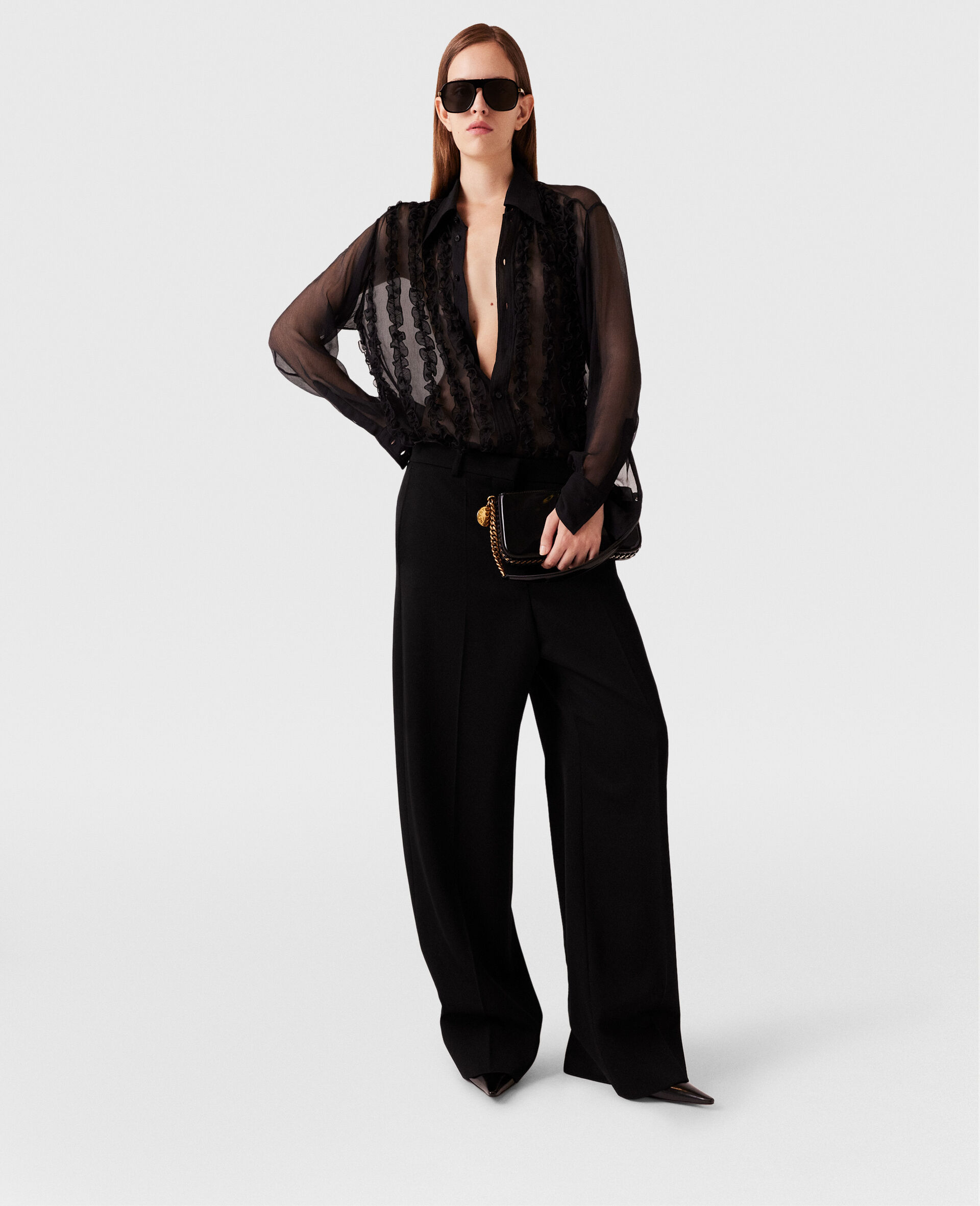 Sheer Ruffled Chiffon Shirt-Black-large image number 5