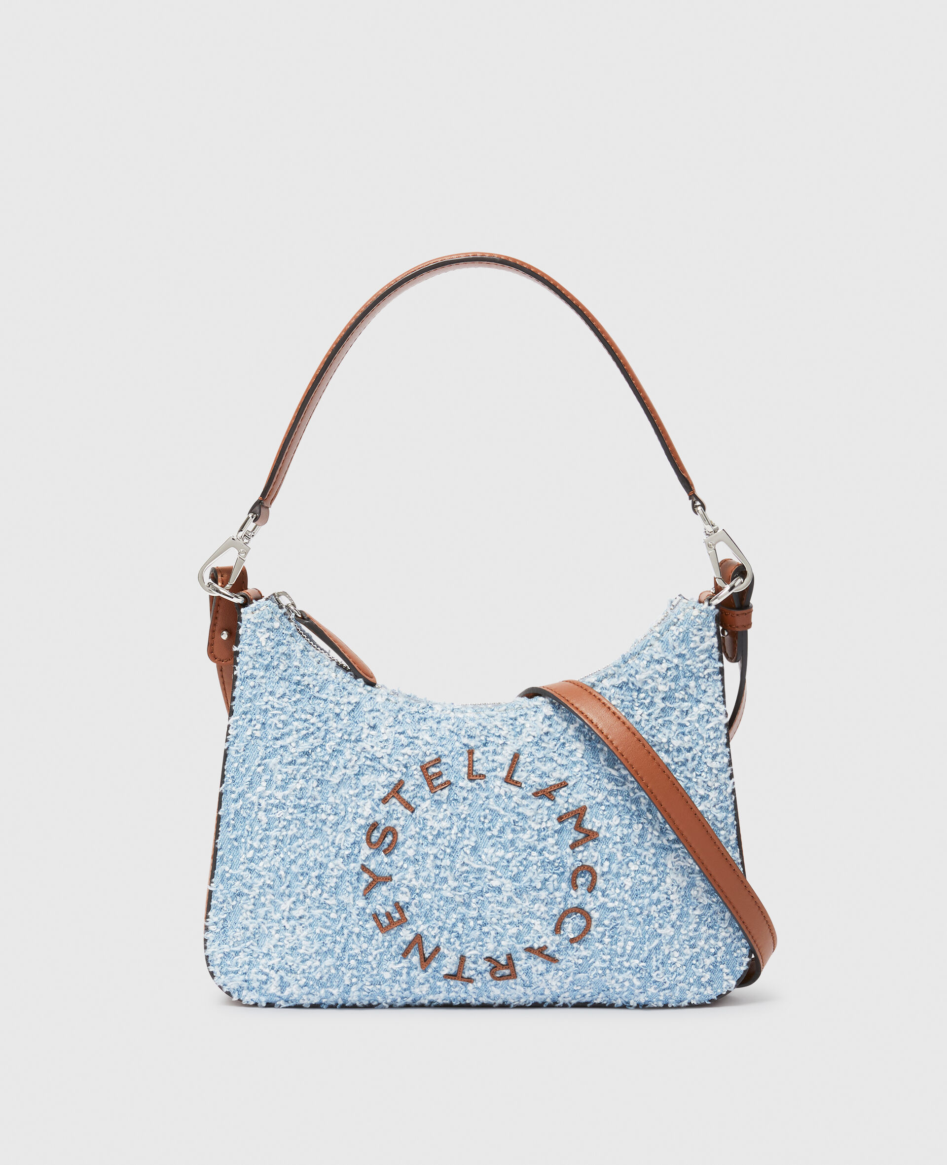 Borsa a Spalla e a Tracolla con Logo in Denim Bouclé-Blu-large image number 0