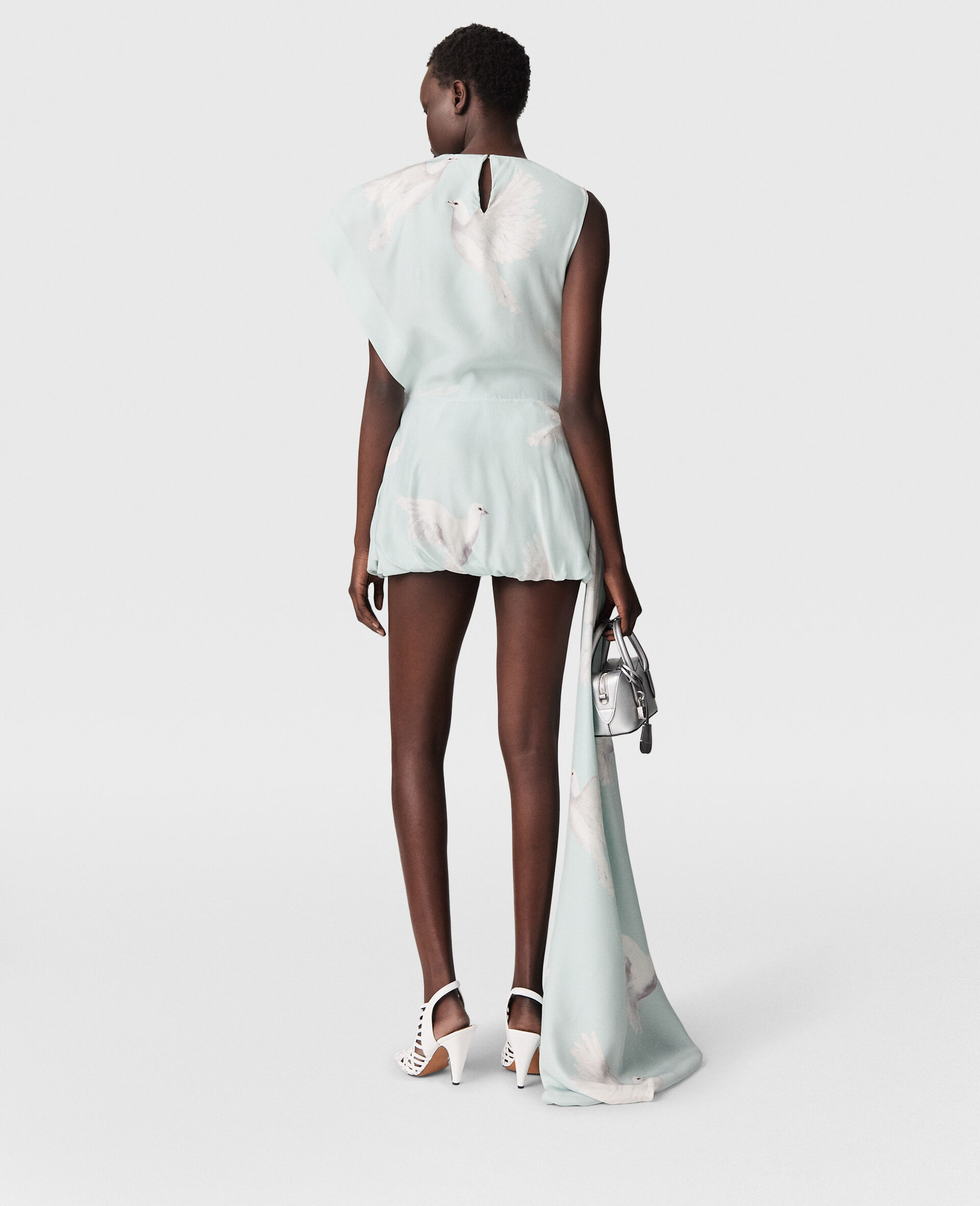 Dove Print Knotted Train Mini Dress-Blue-large image number 4