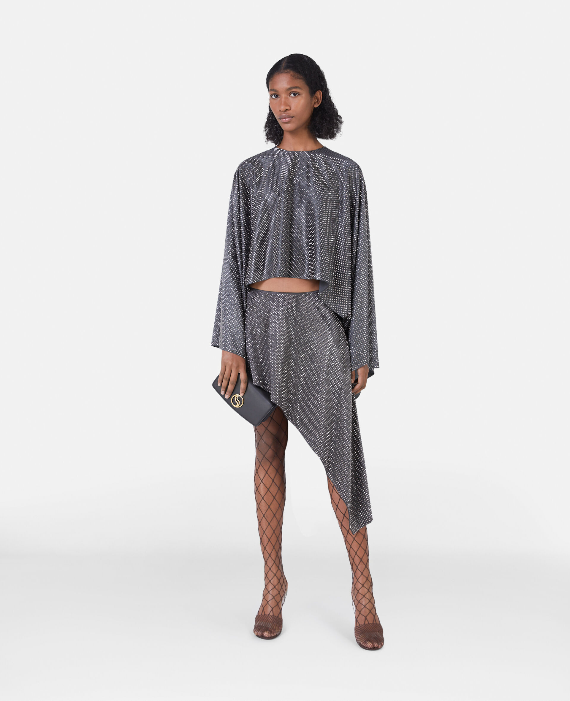 Satin Cropped Cape Top-Grey-large image number 1