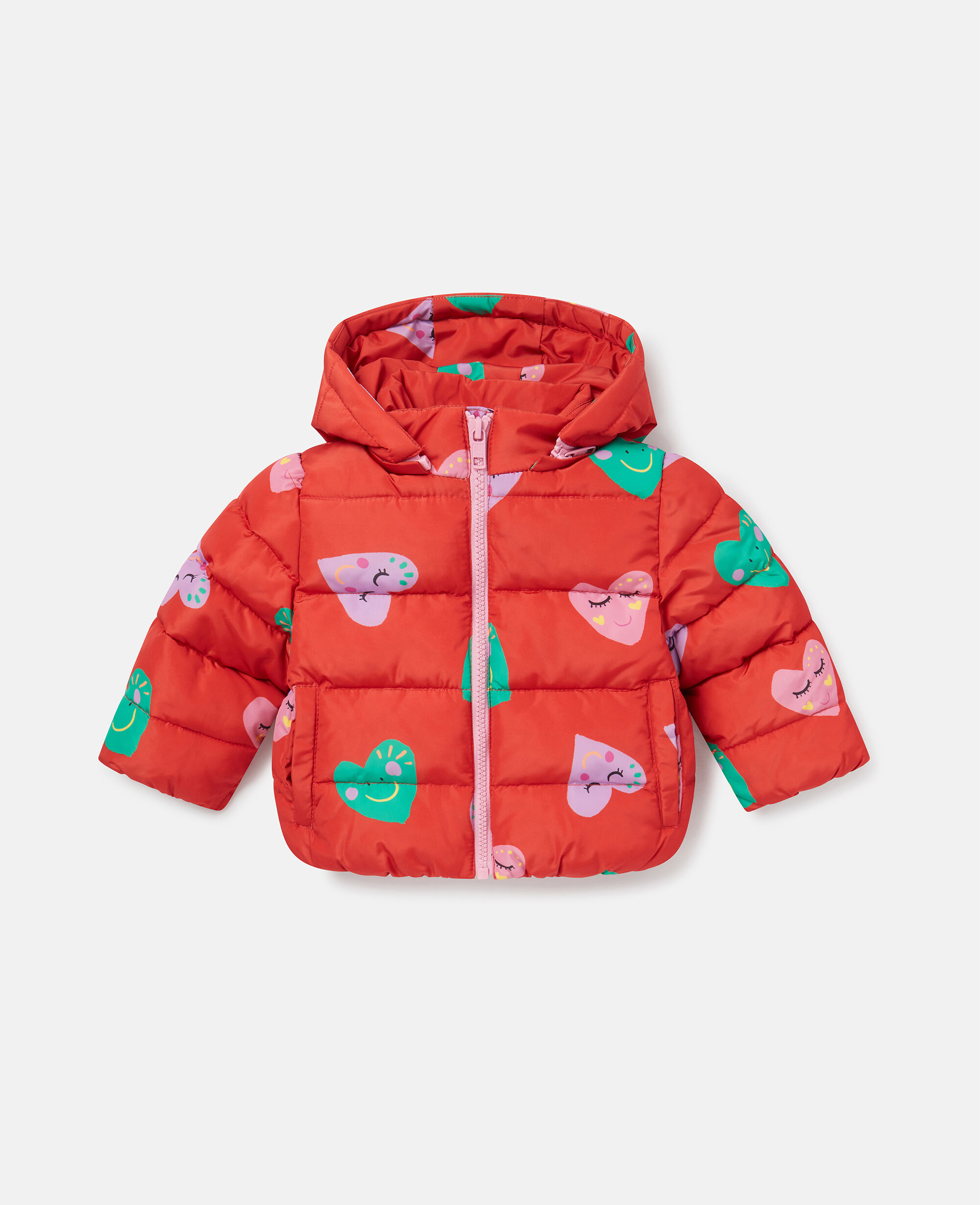 Women Red Multicolour Smiling Heart Print Puffer Coat Stella
