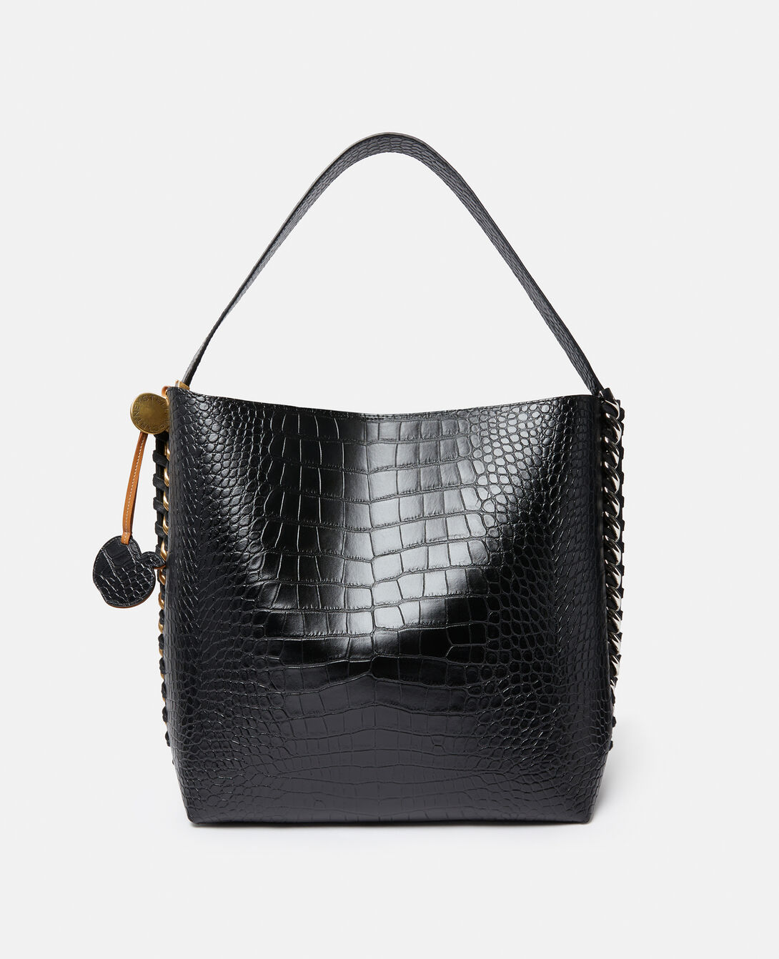 Black Leather-Look Embossed Logo Tote Bag