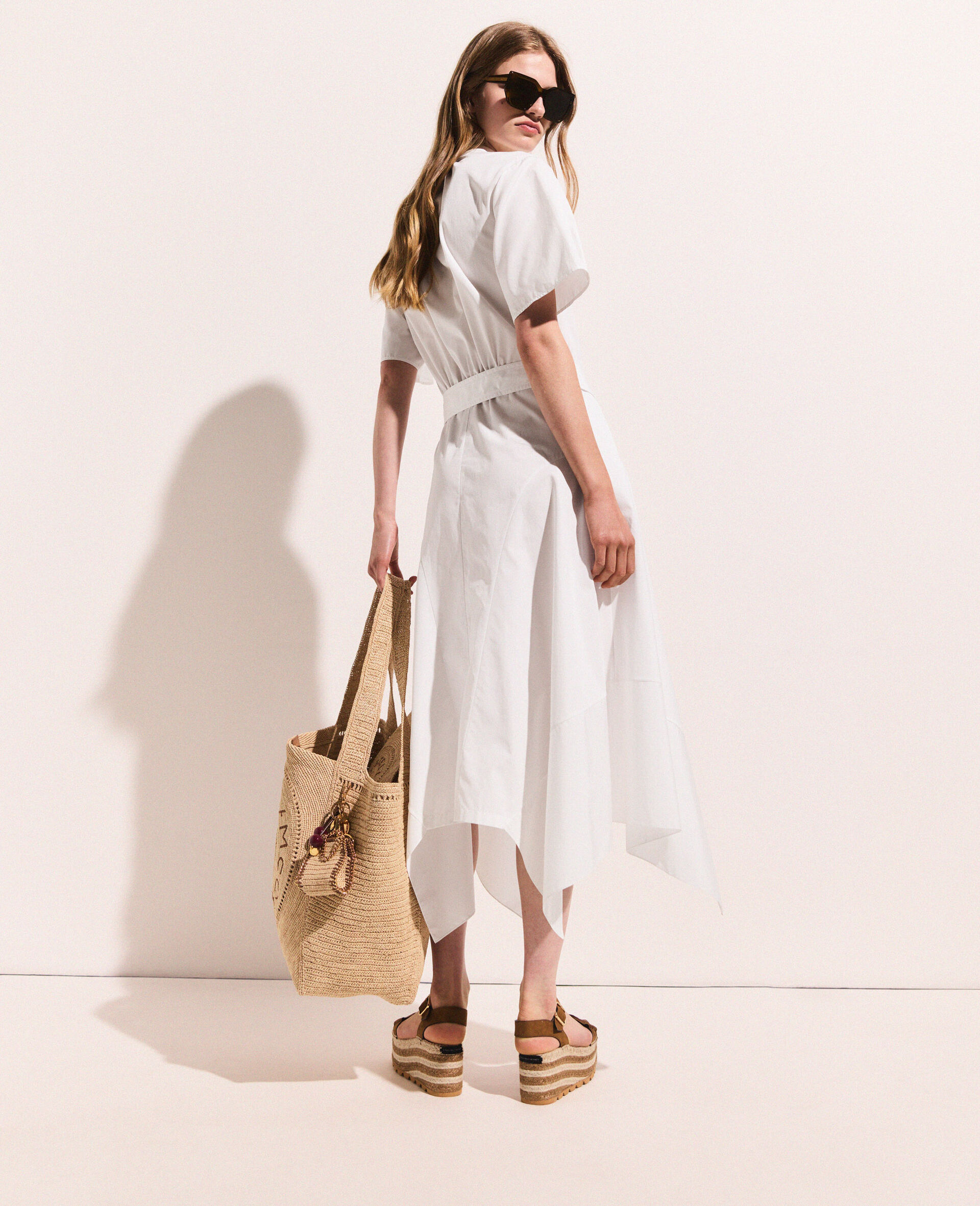 Short Sleeve Belted Midi Dress-White-large Short Sleeve Belted Midi Dress-White-large image number 3