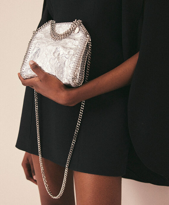 Women SILVER Cracked Metallic Falabella Tiny Tote Bag Women SILVER Cracked Metallic Falabella Tiny Tote Bag