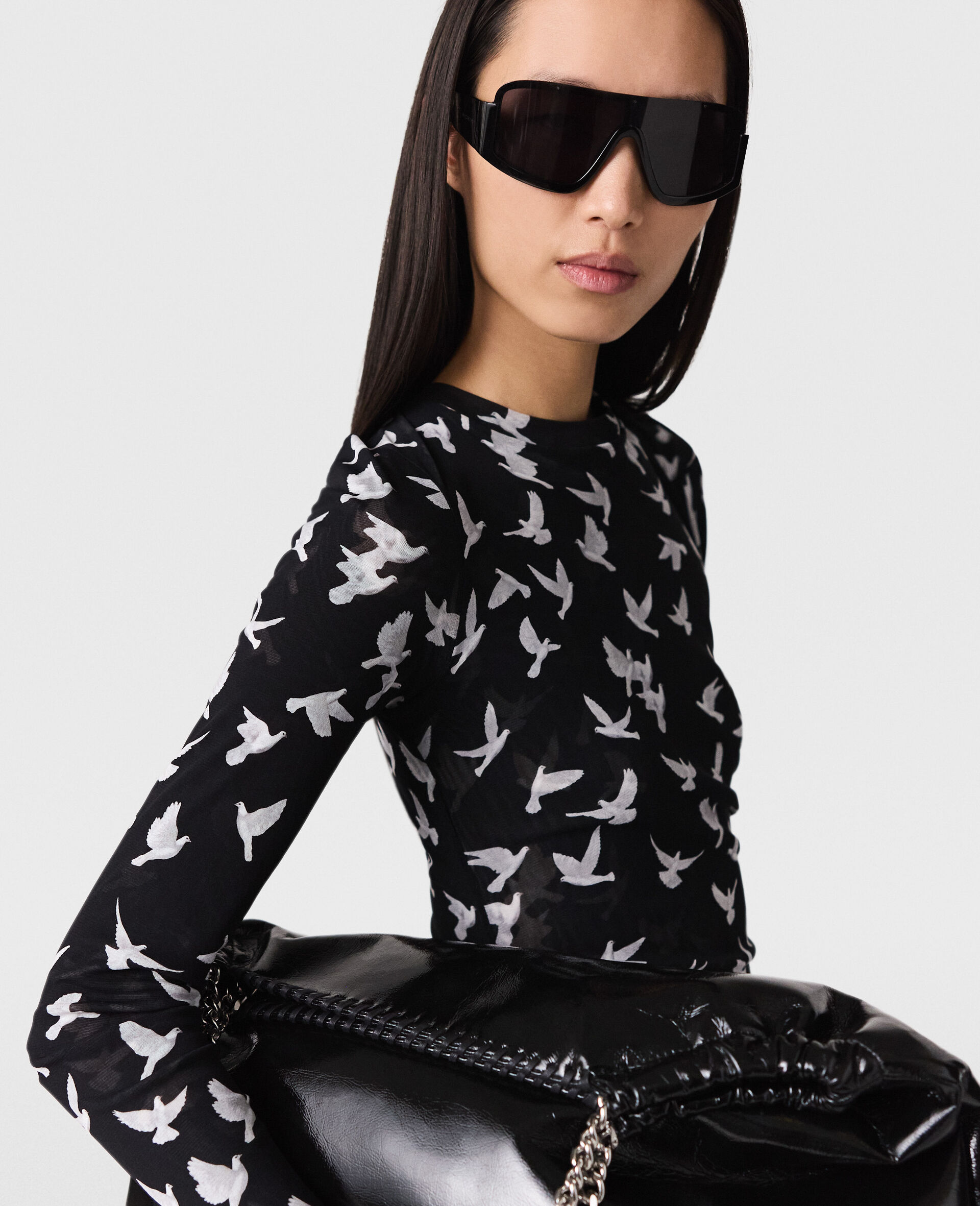 Dove Print Mesh Long Sleeve Dress-Black-large image number 3