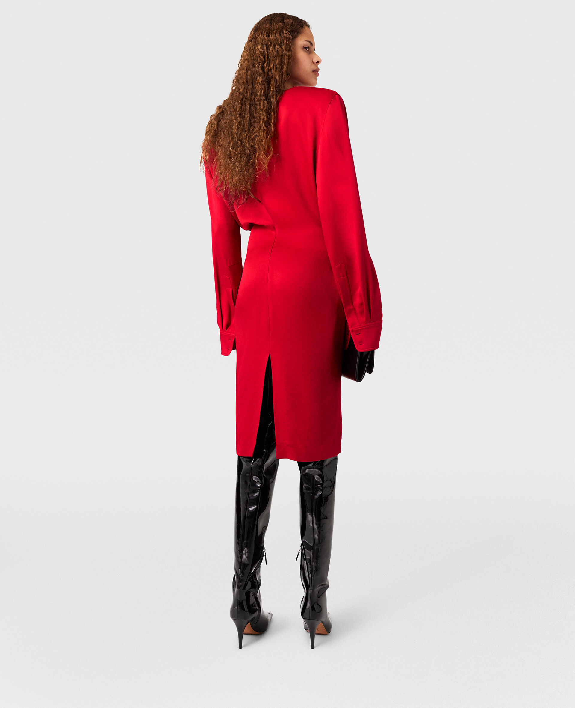 Abito Midi con Collo ad Anello e Maniche Lunghe-Rosso-large image number 4