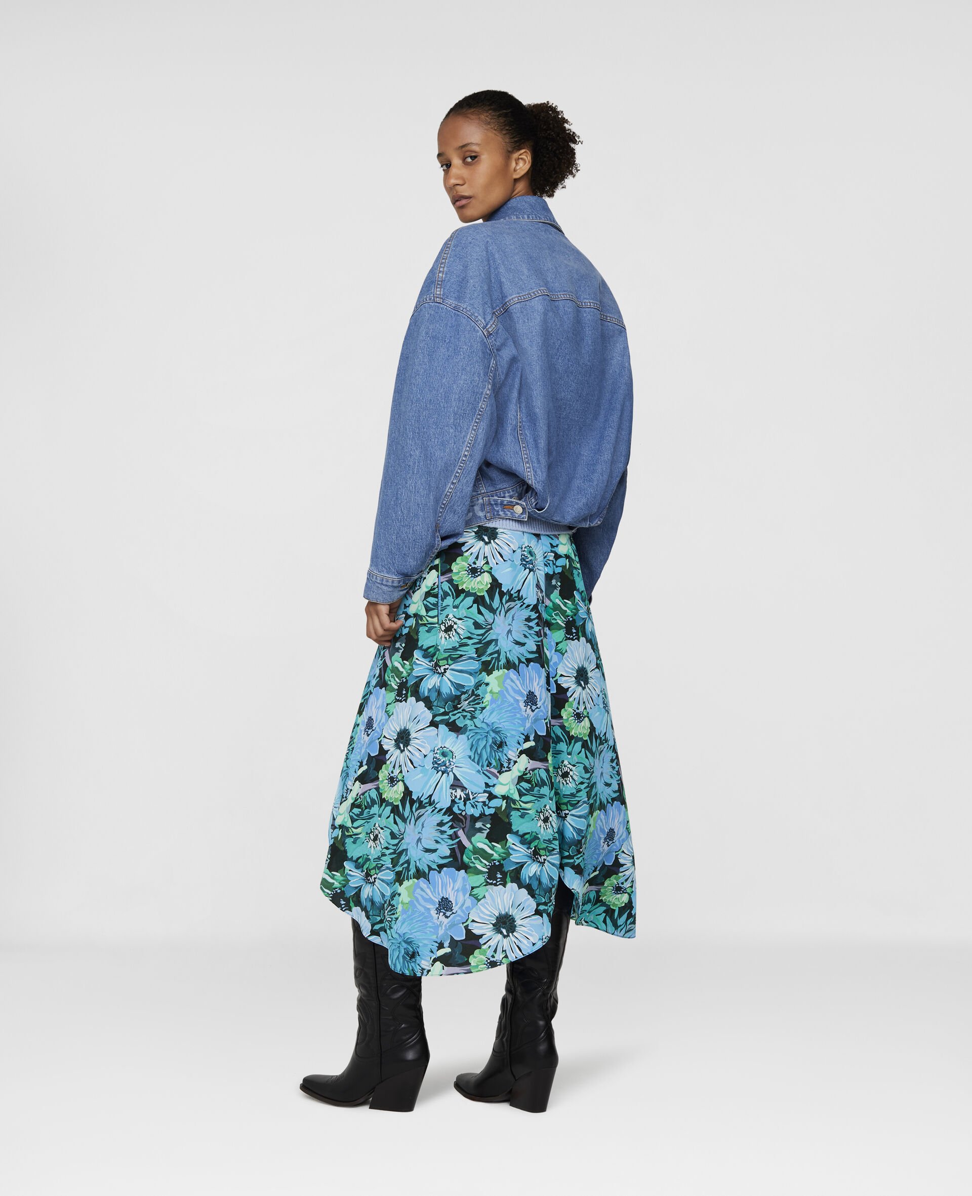 Painted Floral Print Silk Skirt-Blue-large image number 2