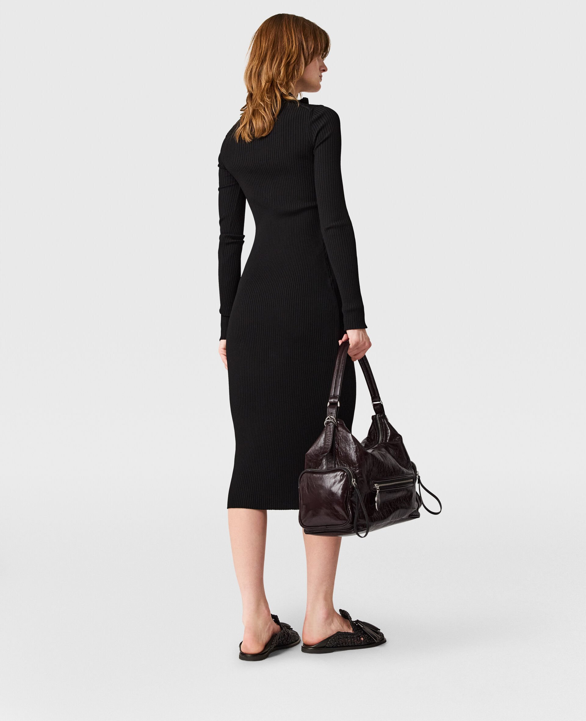 Zip-Neck Ribbed Knit Midi Dress-Black-large Zip-Neck Ribbed Knit Midi Dress-Black-large image number 4