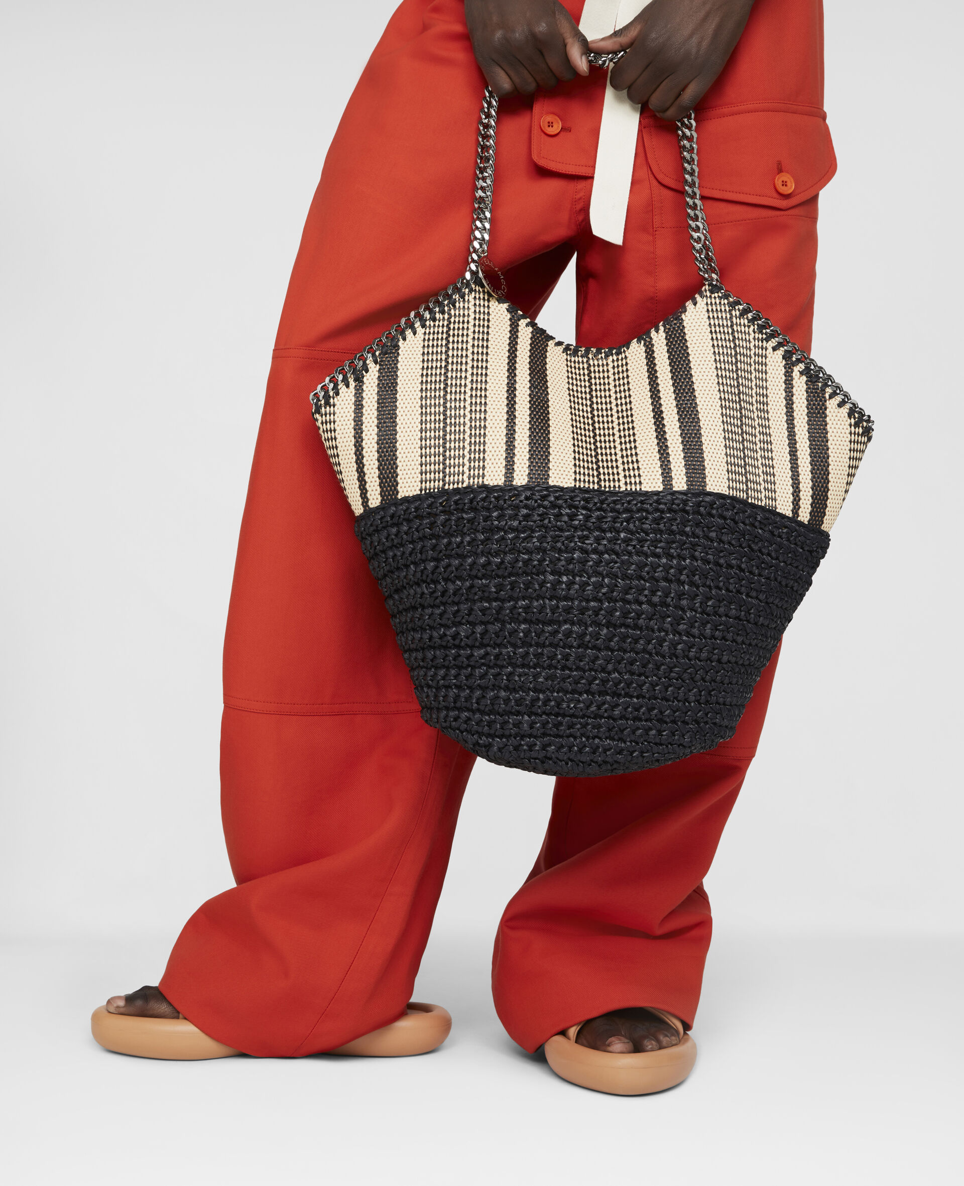 Falabella Large Striped Raffia Tote-Black-large image number 4