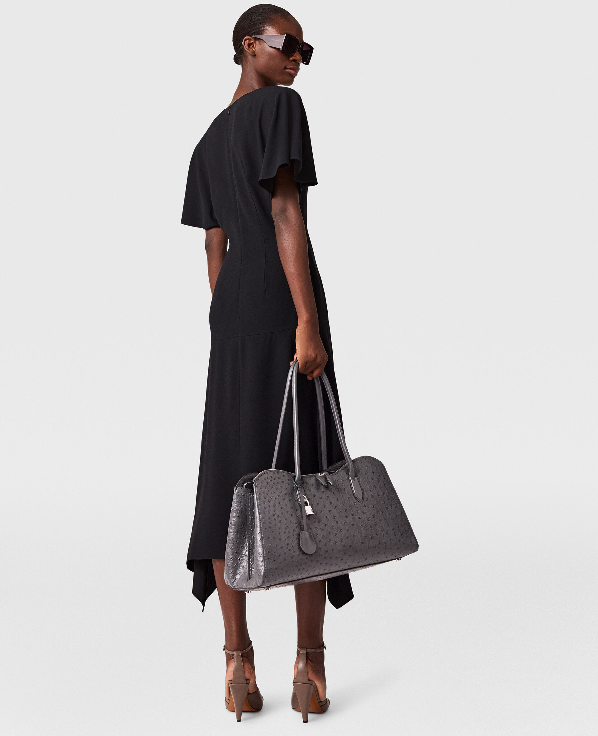 V-Neck Short-Sleeve Satin Midi Dress-Black-large image number 4