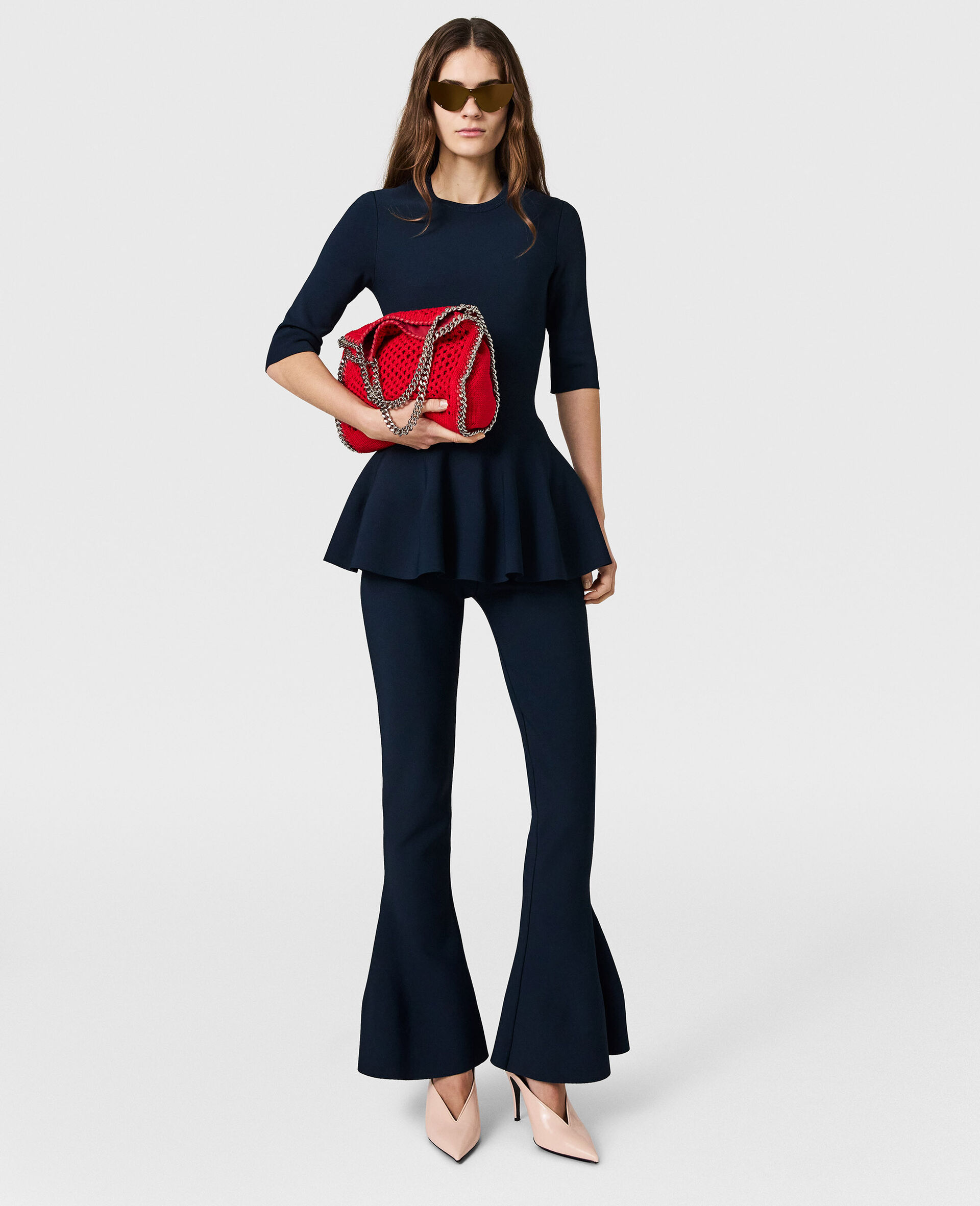 Compact Knit Peplum Trousers-Blue-medium