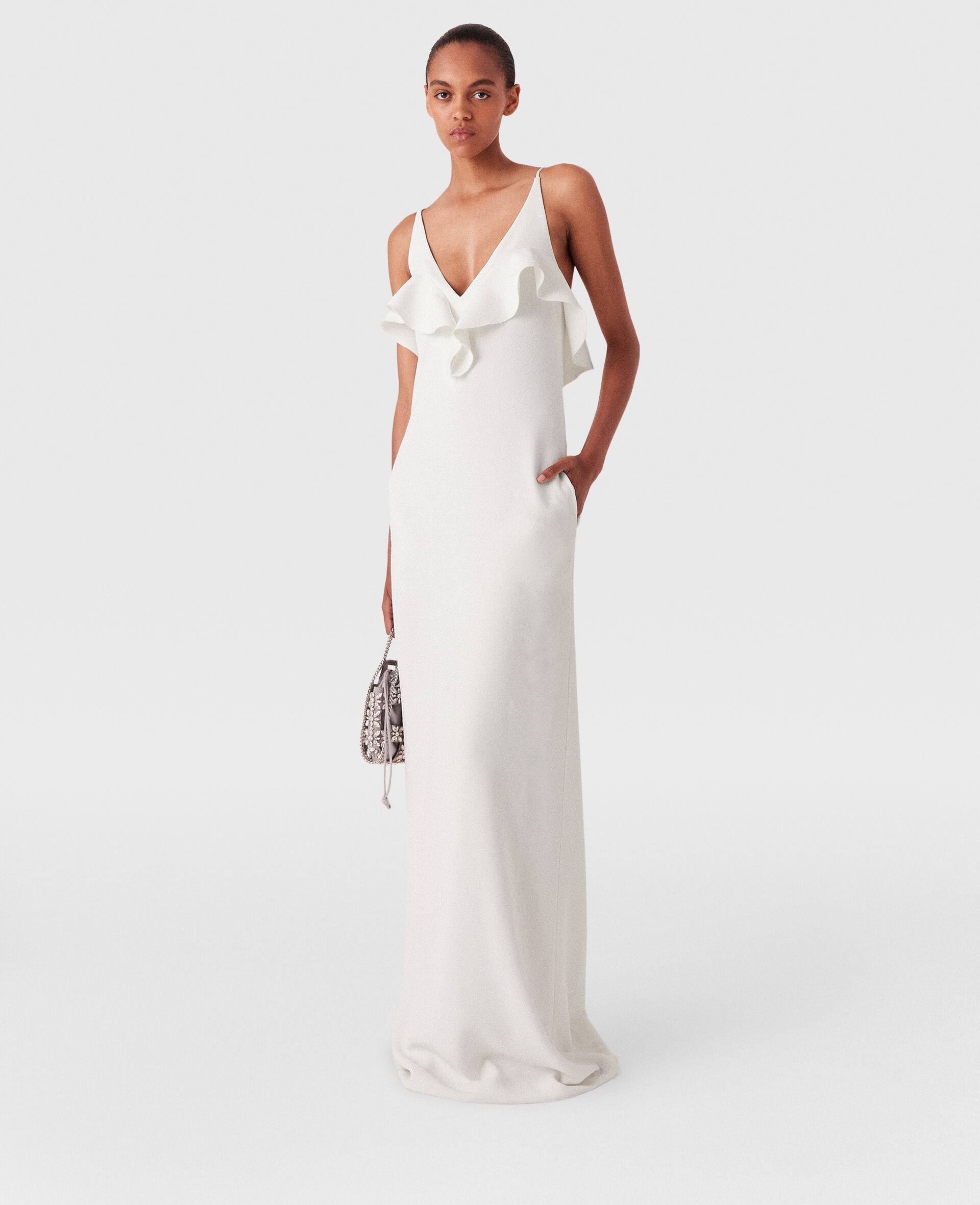 Ruffle Tier V-Neck Dress-White-model