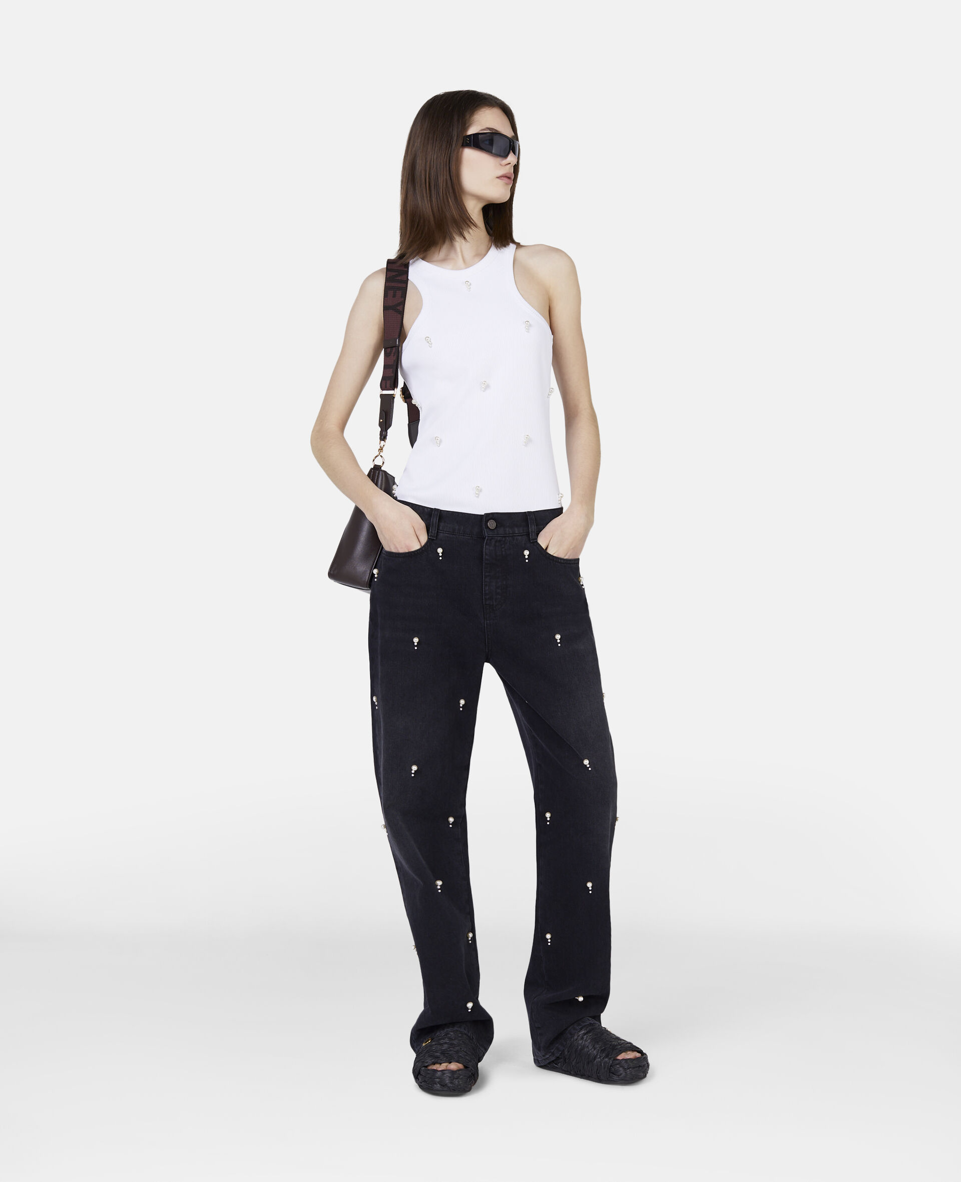 Pearl Embroidery Racerfront Tank Top-White-model Pearl Embroidery Racerfront Tank Top-White-model