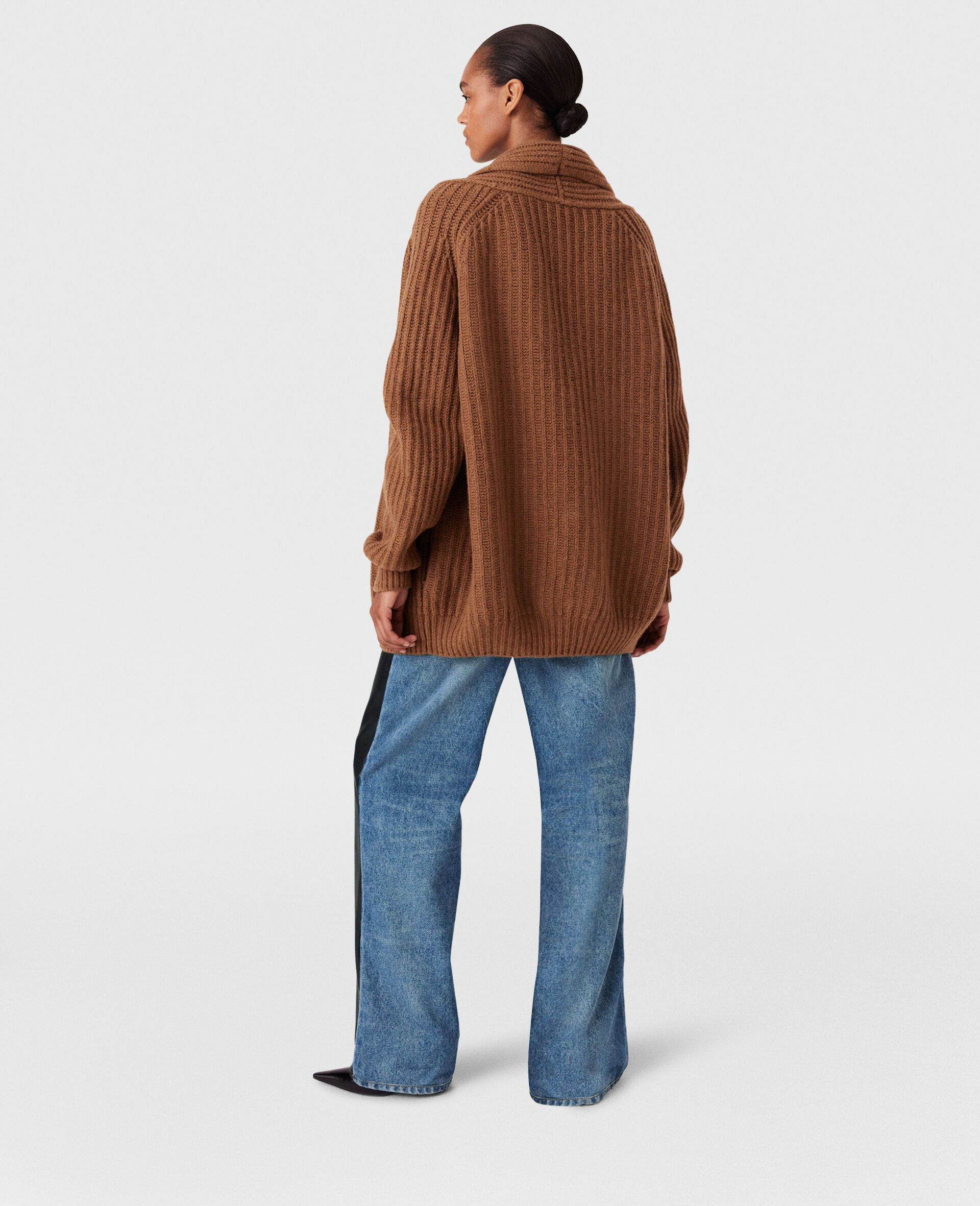 Oversized Ribbed V-Neck Cardigan -Brown-large image number 4