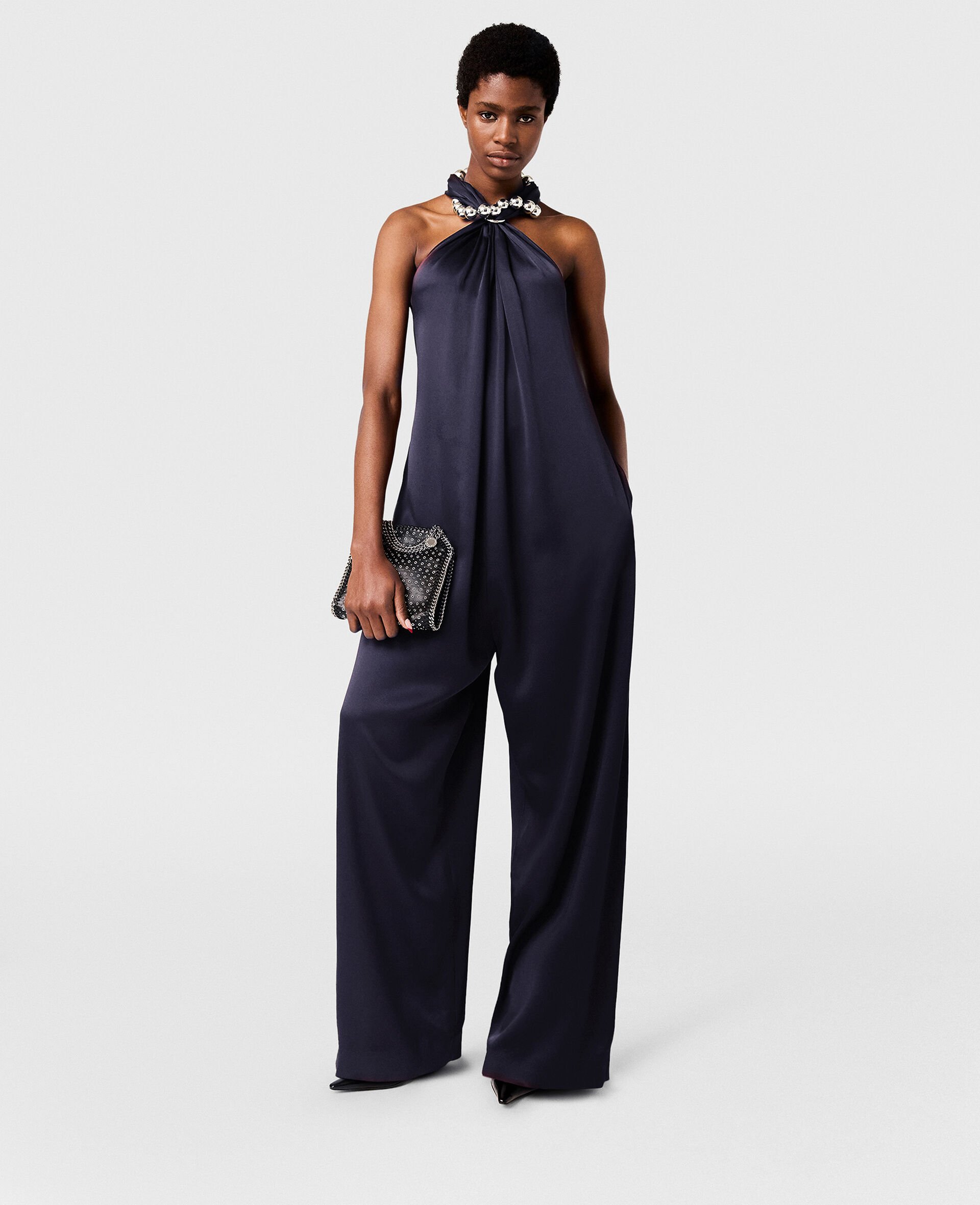 Ball-Chain Halterneck Satin Jumpsuit-Blue-model