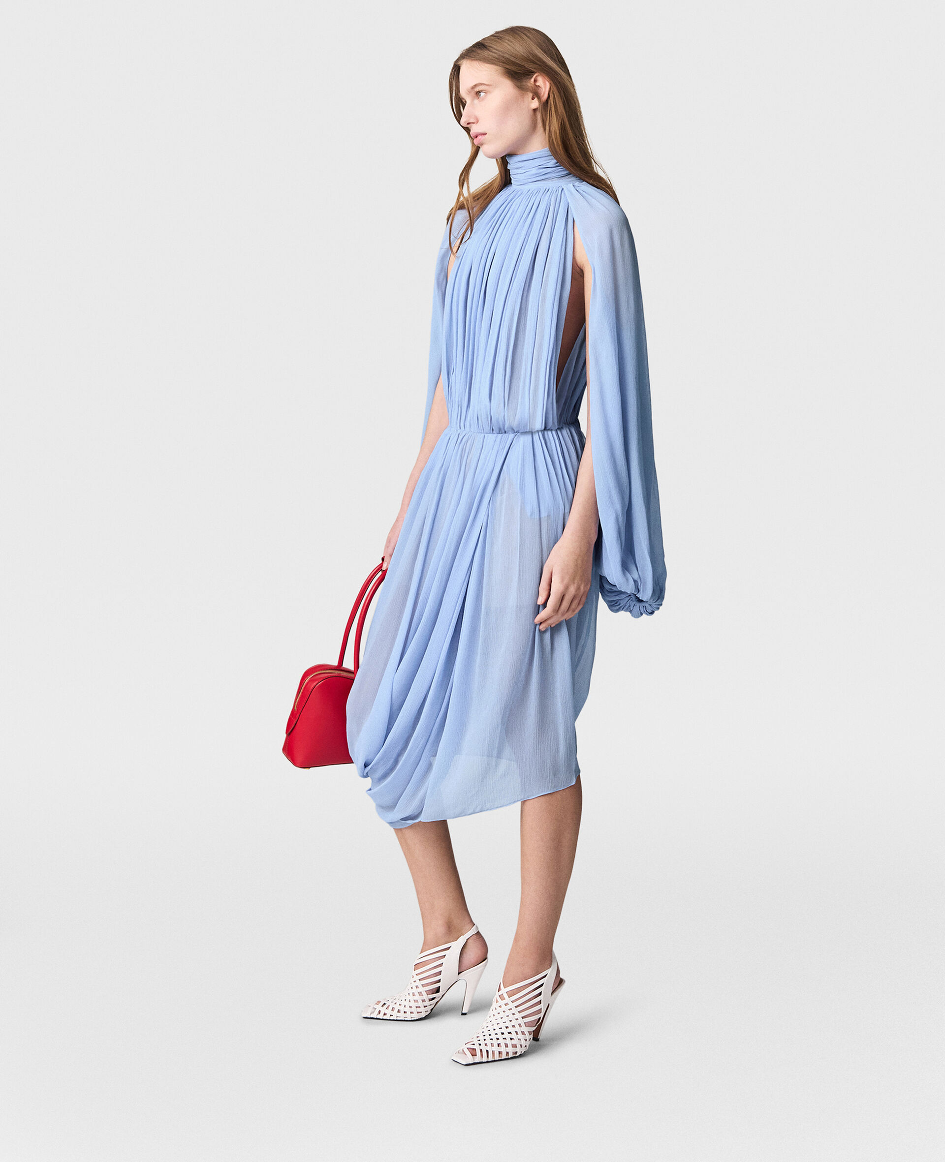 High-Neck Pleated Midi Dress-Blue-large image number 2
