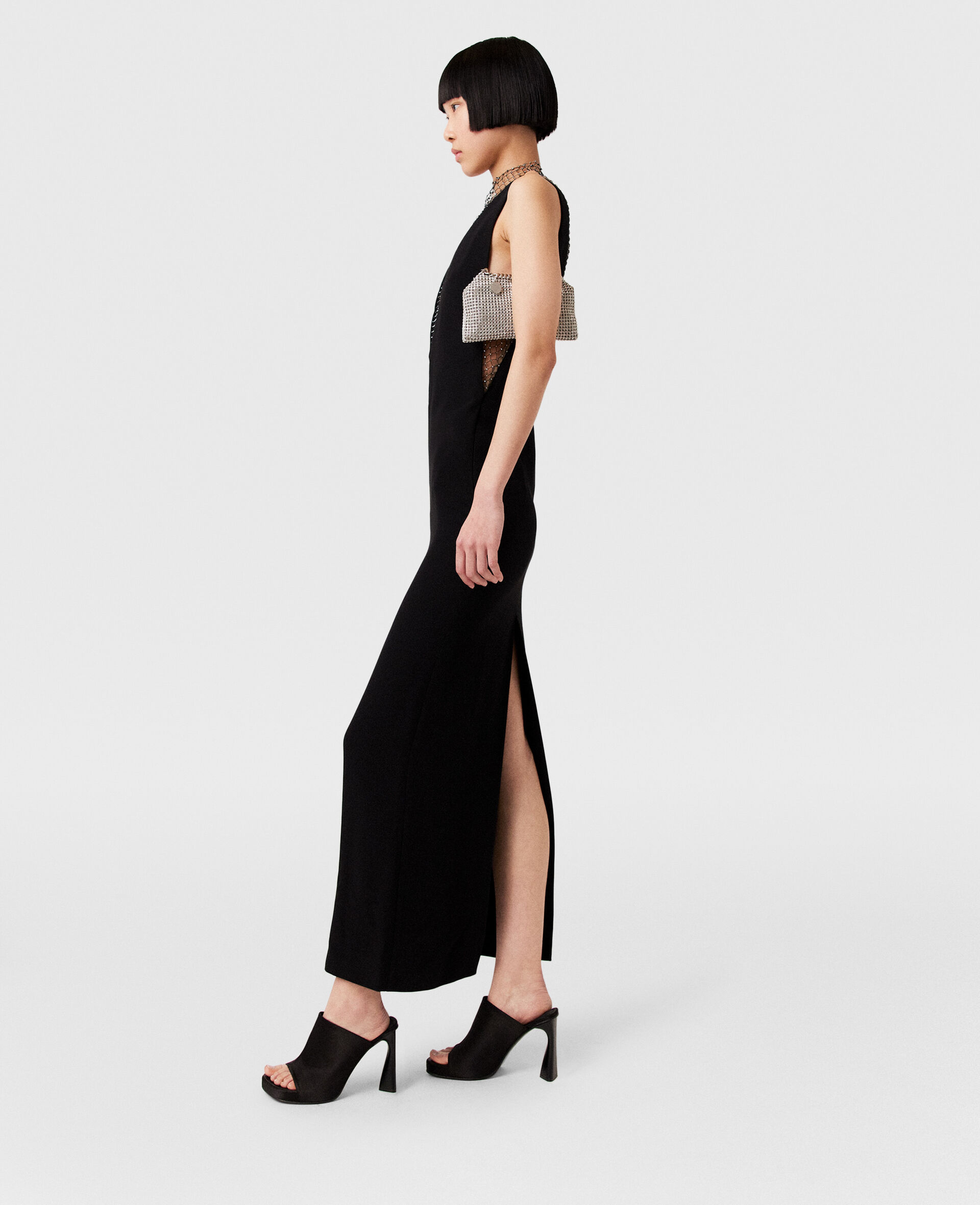 Crystal Mesh Deep V Midi Dress-Black-large image number 2