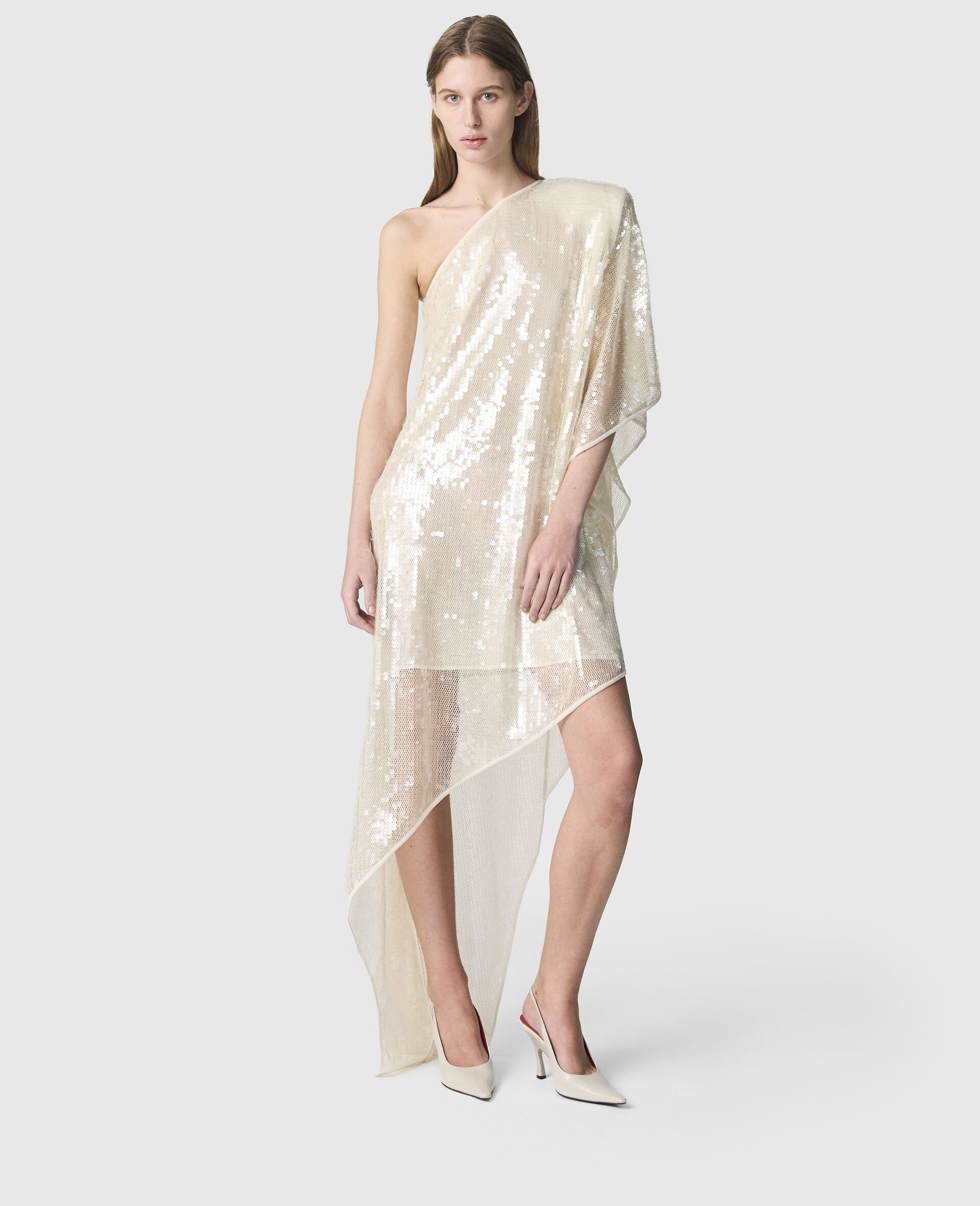 One-Sleeve Sequin Dress-Cream-model
